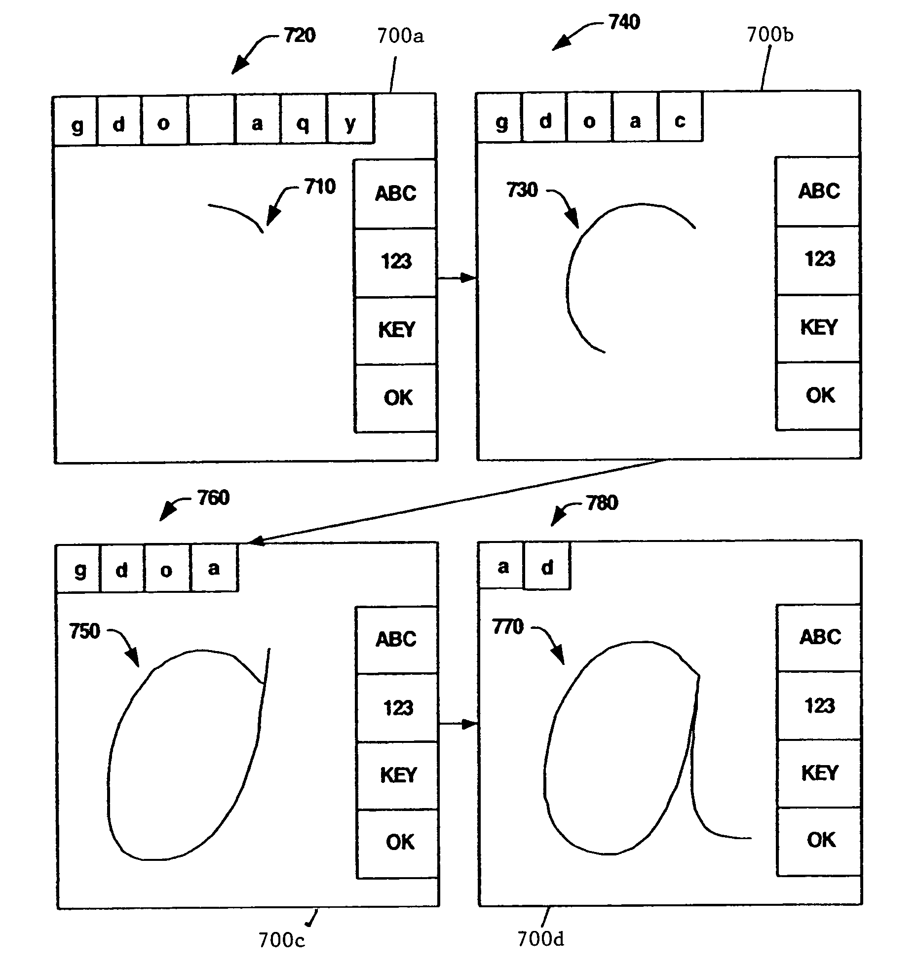 System to allow the selection of alternative letters in handwriting recognition systems