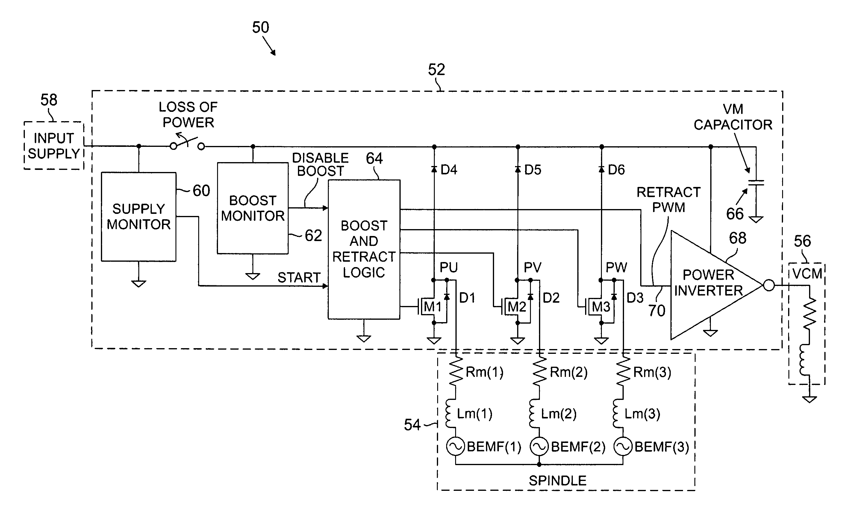 Low cost emergency disk drive head retract architecture