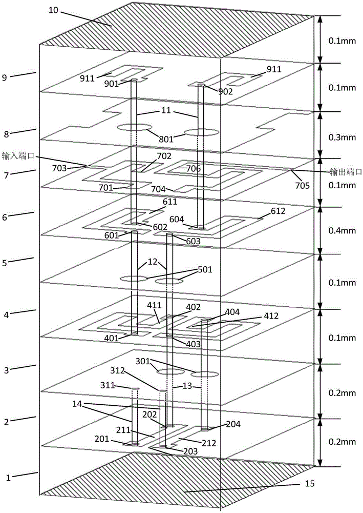 LTCC filter for coupling inhibition of third and fifth harmonics based on frequency selectivity