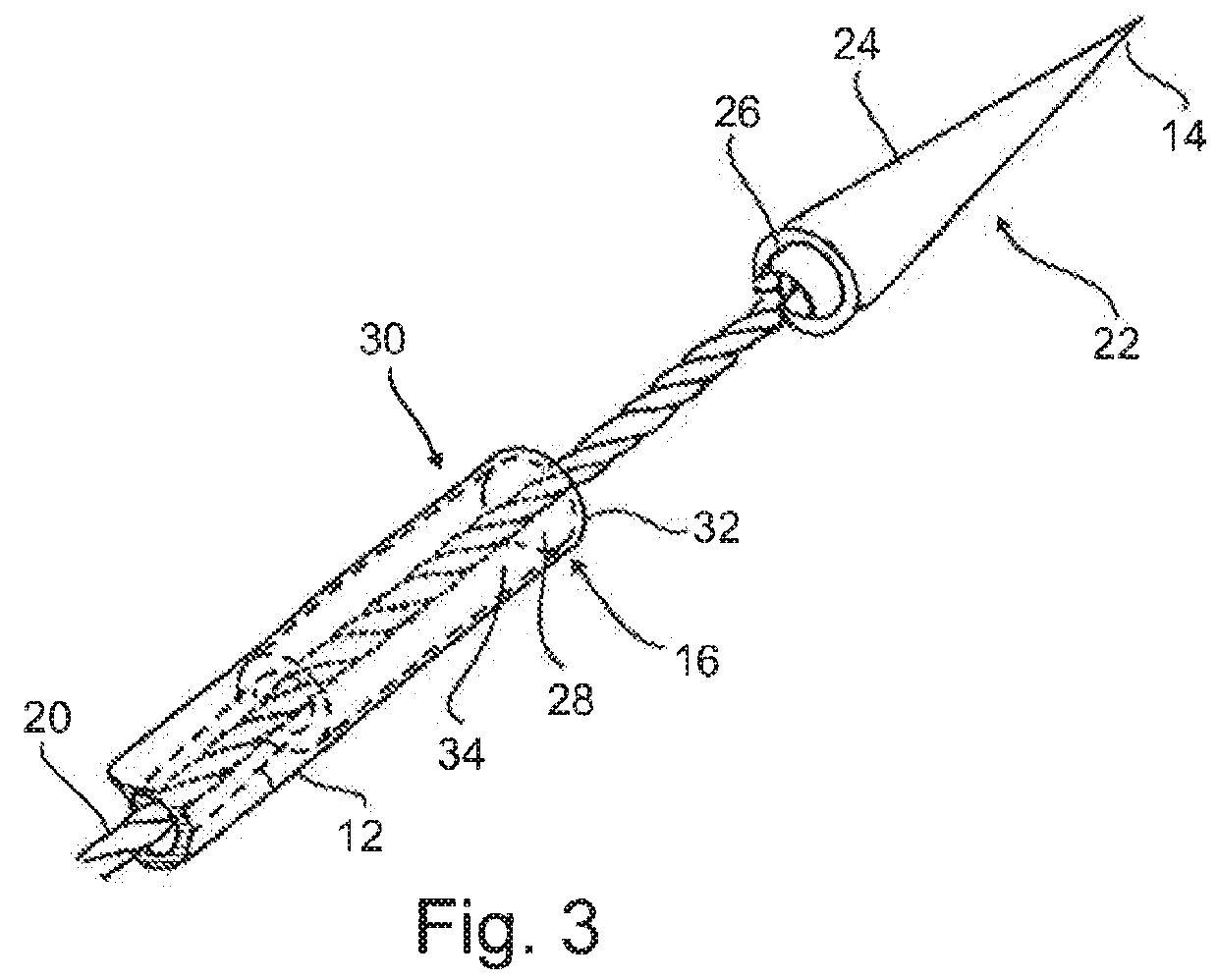 Surgical needle having a detachable tip body and a thread running inside