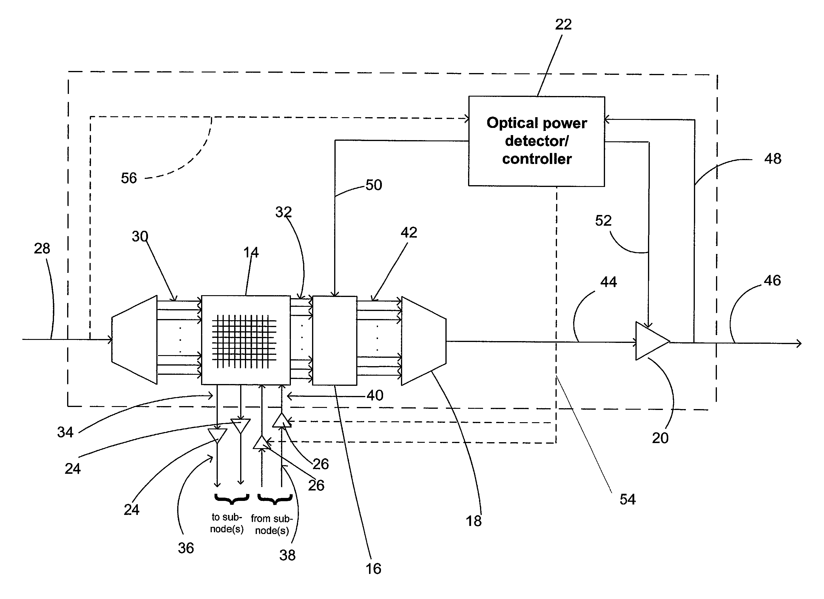 Optical power managed network node for processing dense wavelength division multiplexed optical signals