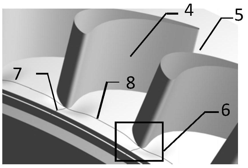 Partial spherical concave non-axisymmetric end wall shape structure of the lower end wall of the leading edge of the gas turbine moving blade