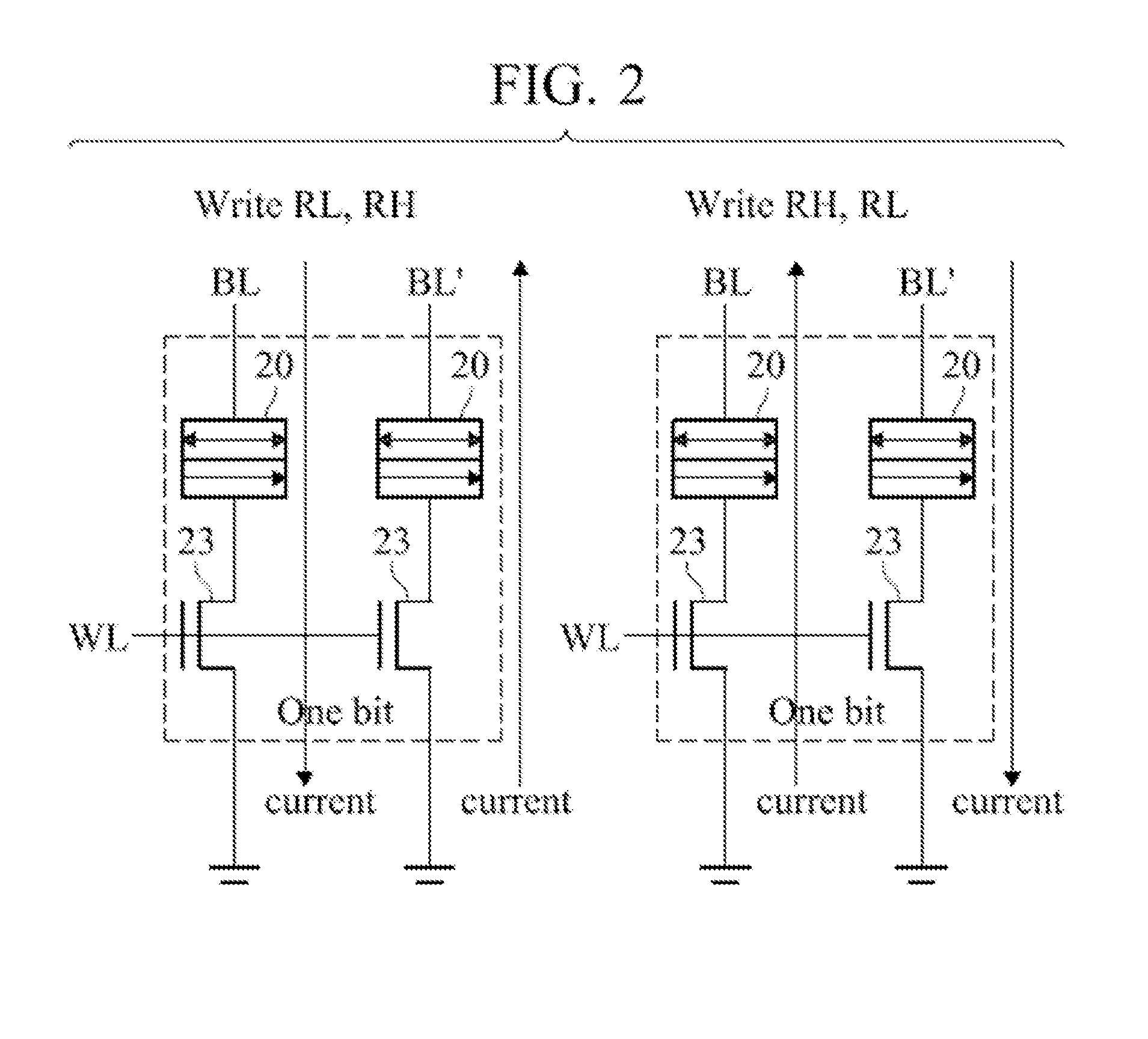 Differential MRAM structure with relatively reversed  magnetic tunnel junction elements enabling writing using same polarity current