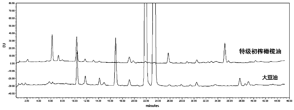 Virgin olive oil control fingerprint spectrum and construction method and application thereof