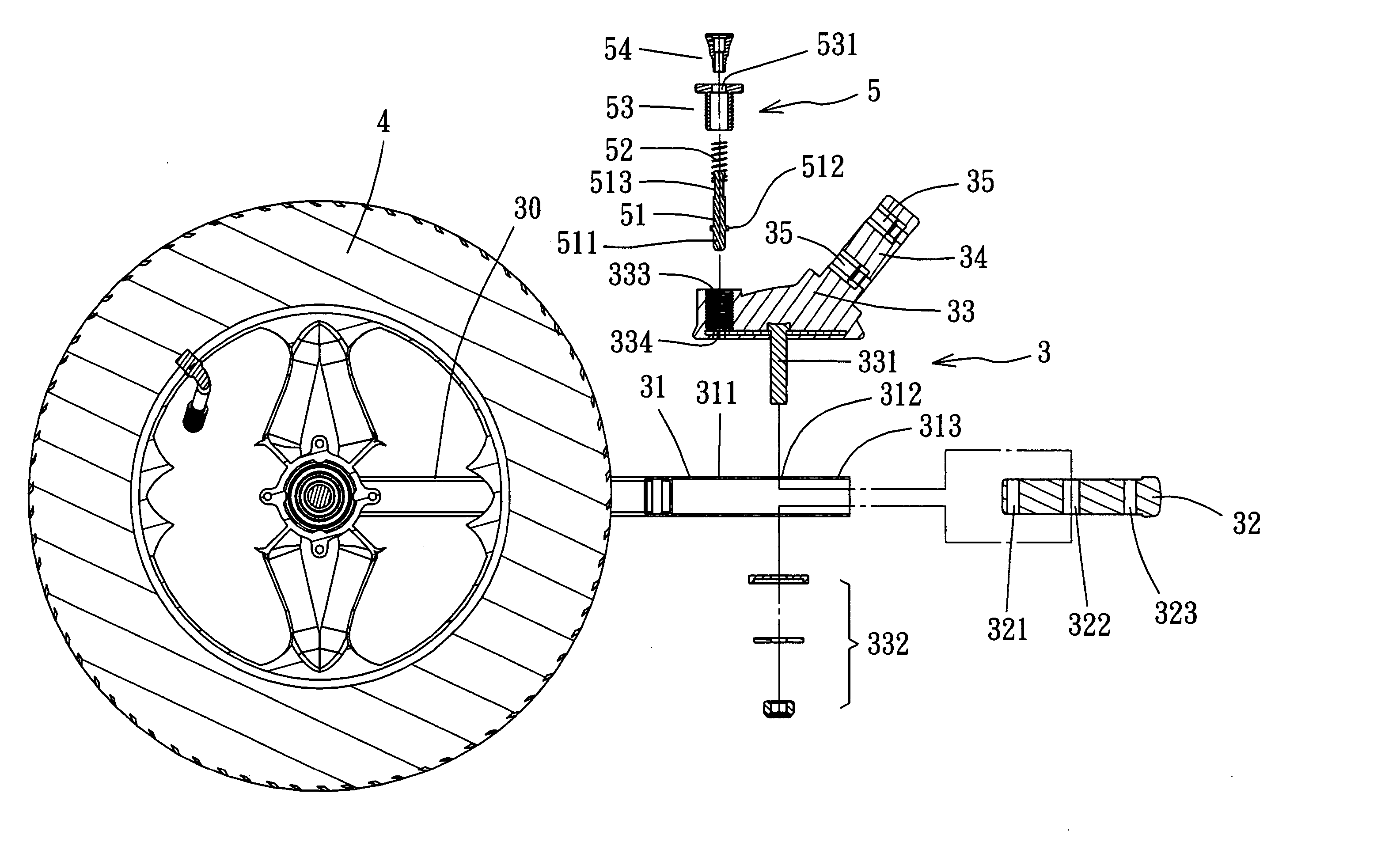 Third wheel collapsing device for a golf club cart