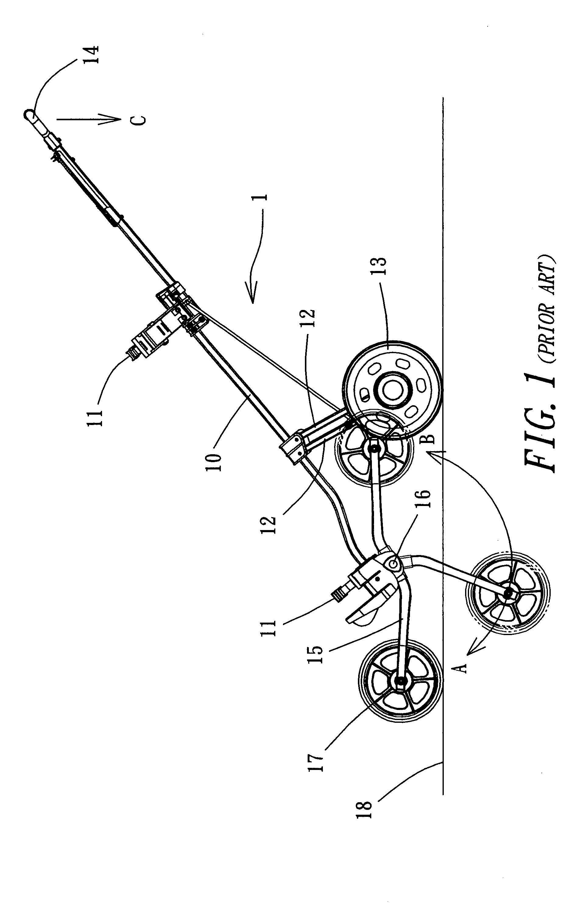 Third wheel collapsing device for a golf club cart