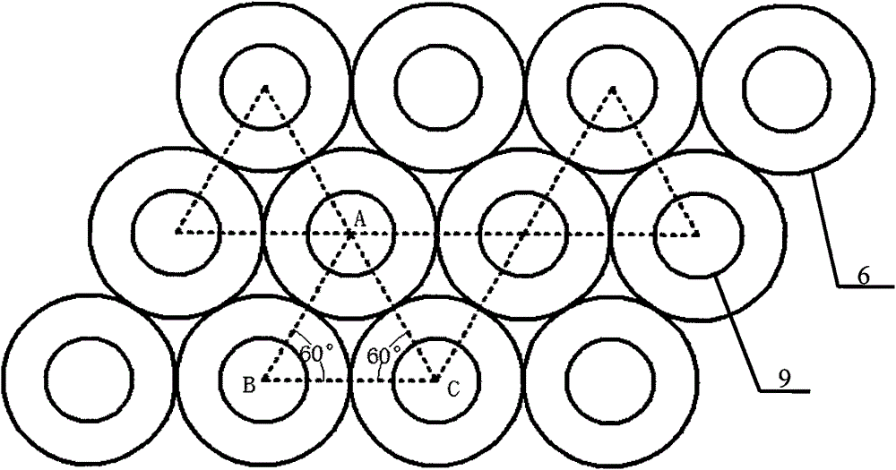 Concentric ring triangular distribution array electromagnetic shielding light window with inscribed sub-rings