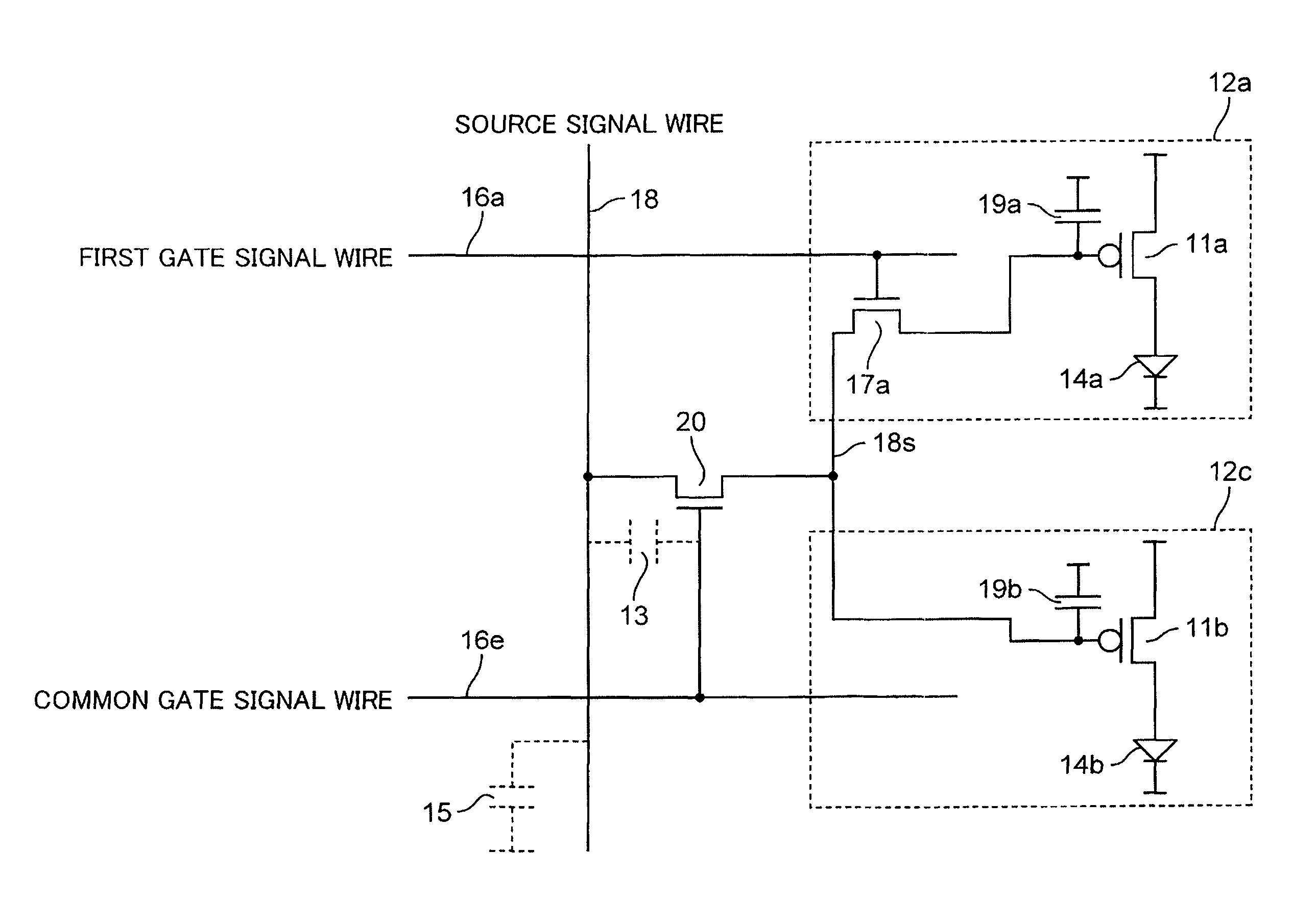 Display device and method for driving same having selection control wire for scanning wires and secondary data wire