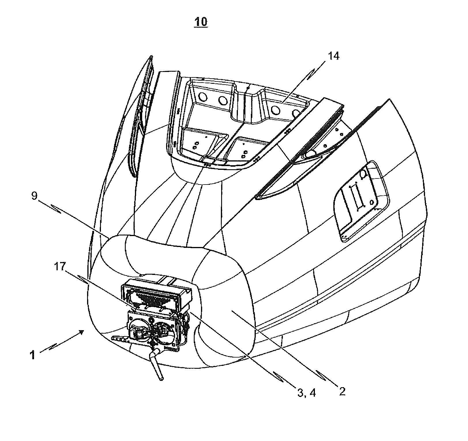 Device for the on-demand sealing of an opening provided in the frontal region of a track-guided vehicle, a front nose module having such a device, and a track-guided vehicle having such a front nose module