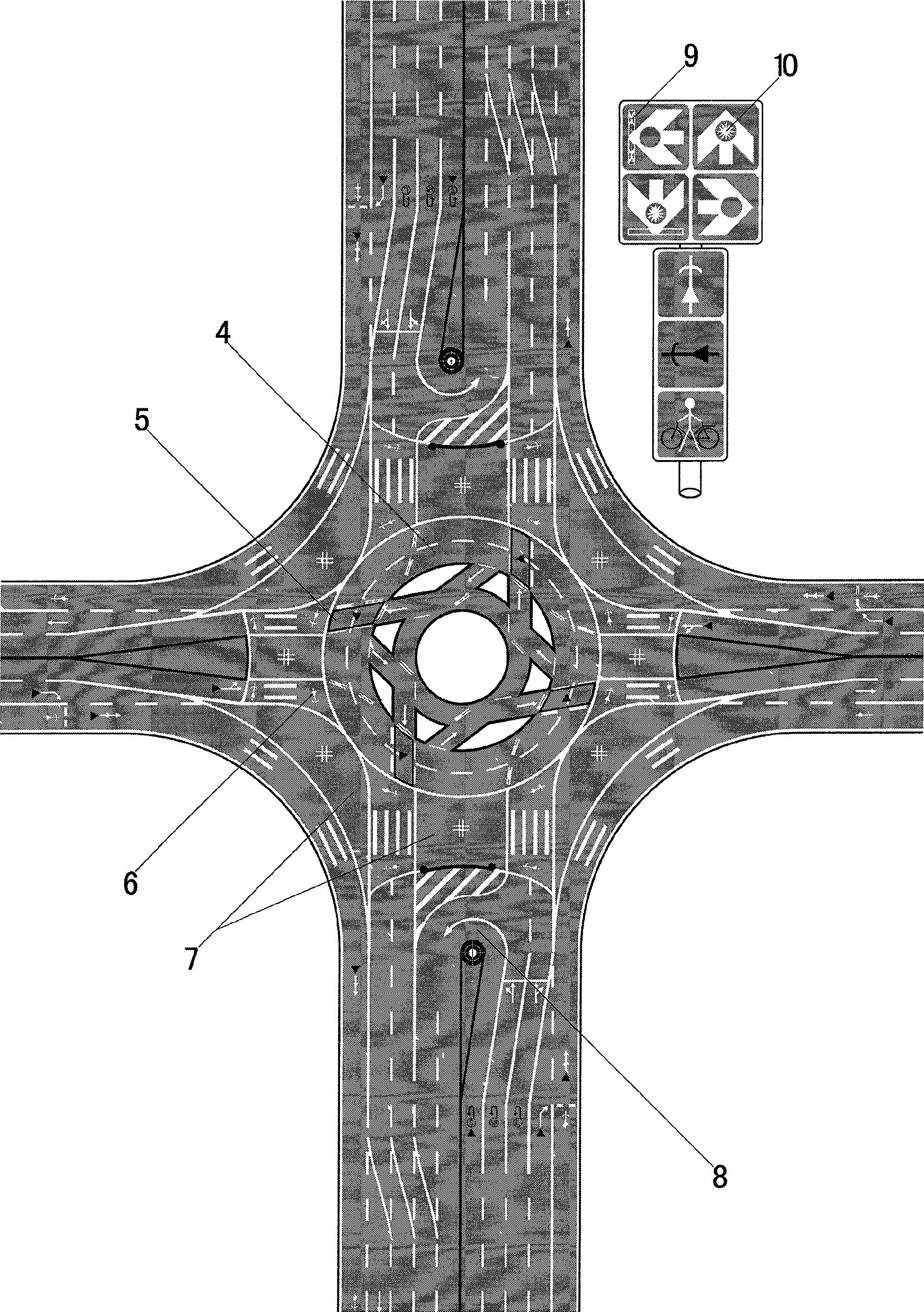 Road buffering island and use thereof