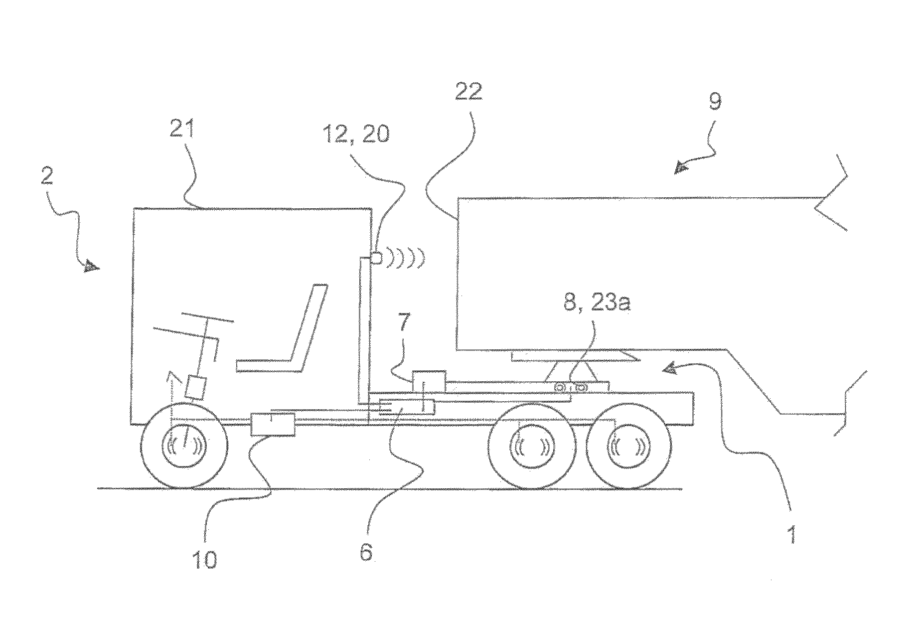 Method and control system for a displacement device, taking into account the relative angular position of a tractor and semi-trailer