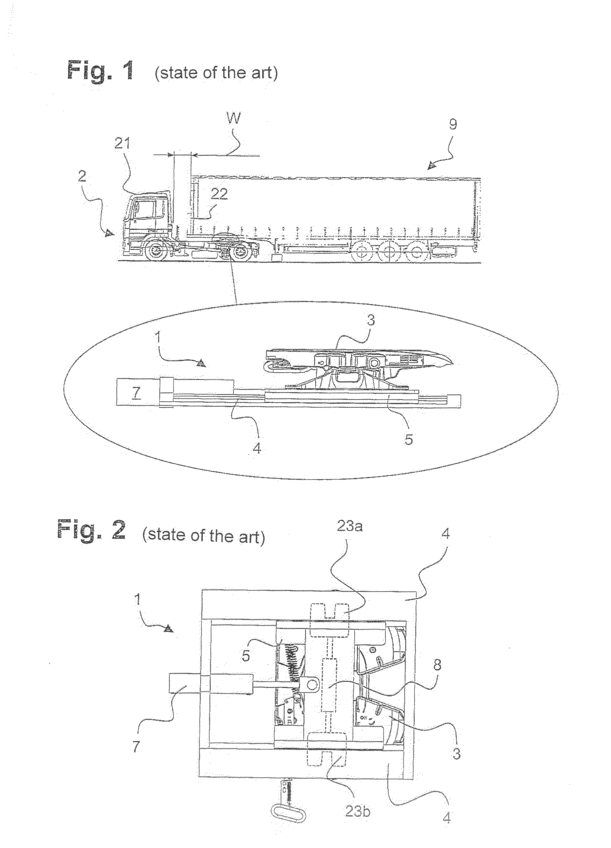 Method and control system for a displacement device, taking into account the relative angular position of a tractor and semi-trailer