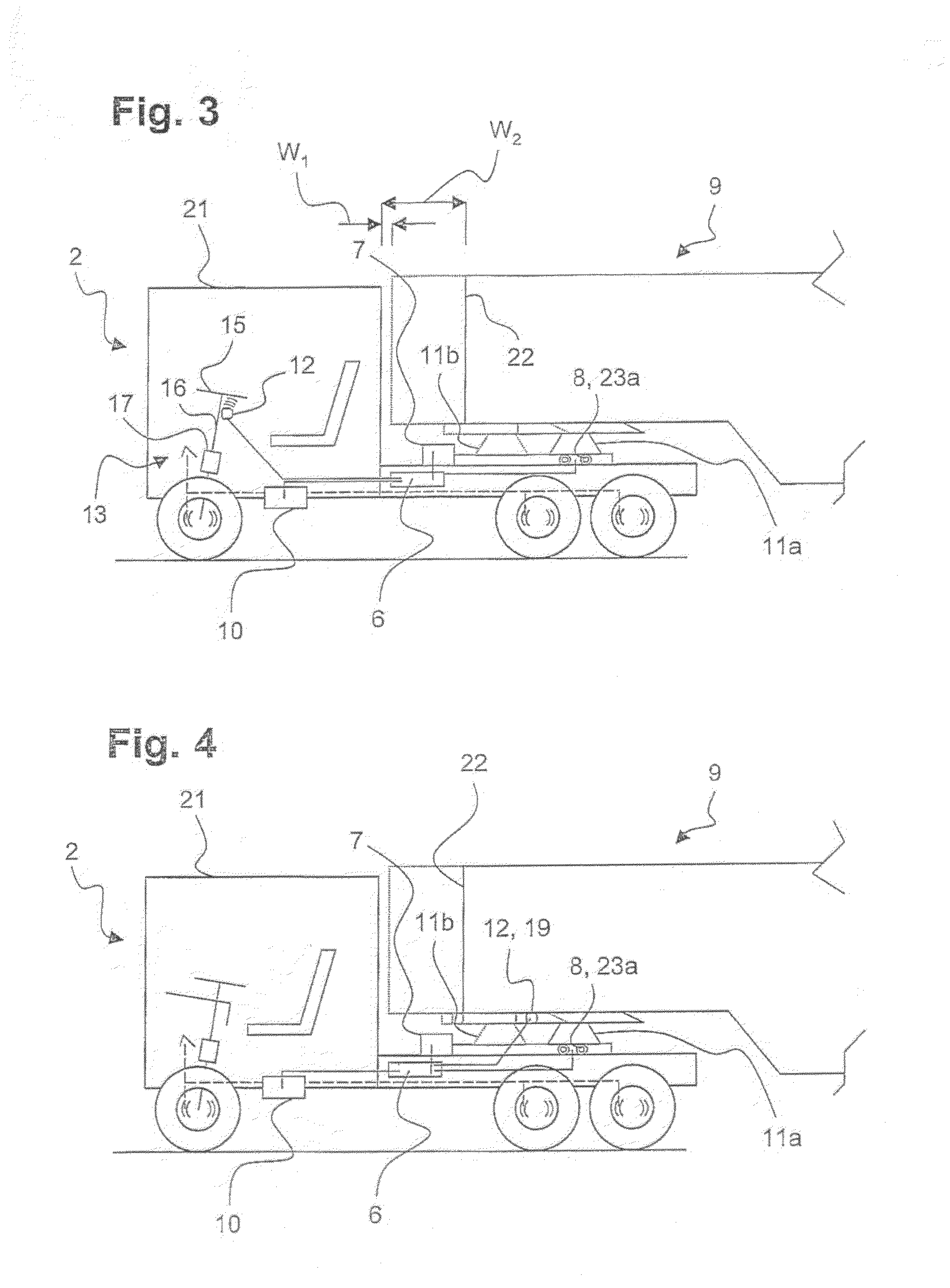 Method and control system for a displacement device, taking into account the relative angular position of a tractor and semi-trailer