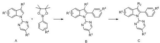 A kind of diamine monomer containing pyrimidine and indole structure and preparation method thereof