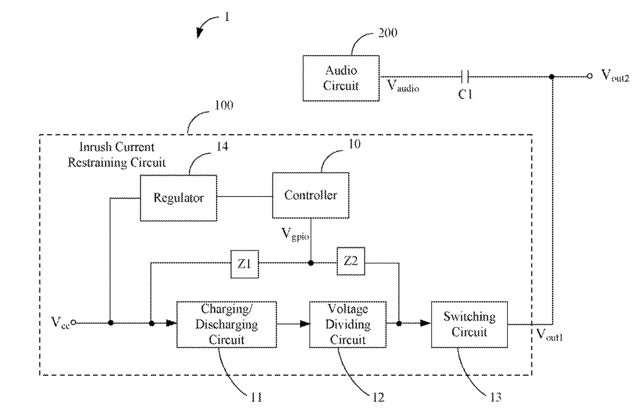 Inrush current restraining circuit and audio device using the same