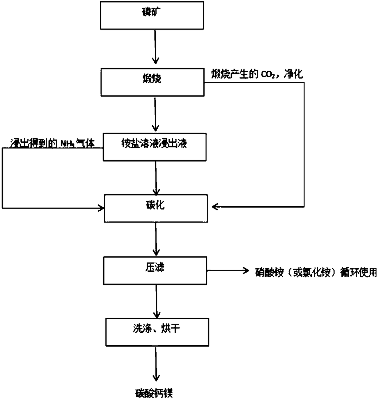 Method for directly carbonizing calcinated mid and low grade phosphate ore ammonium salt lixivium to prepare calcium magnesium carbonate