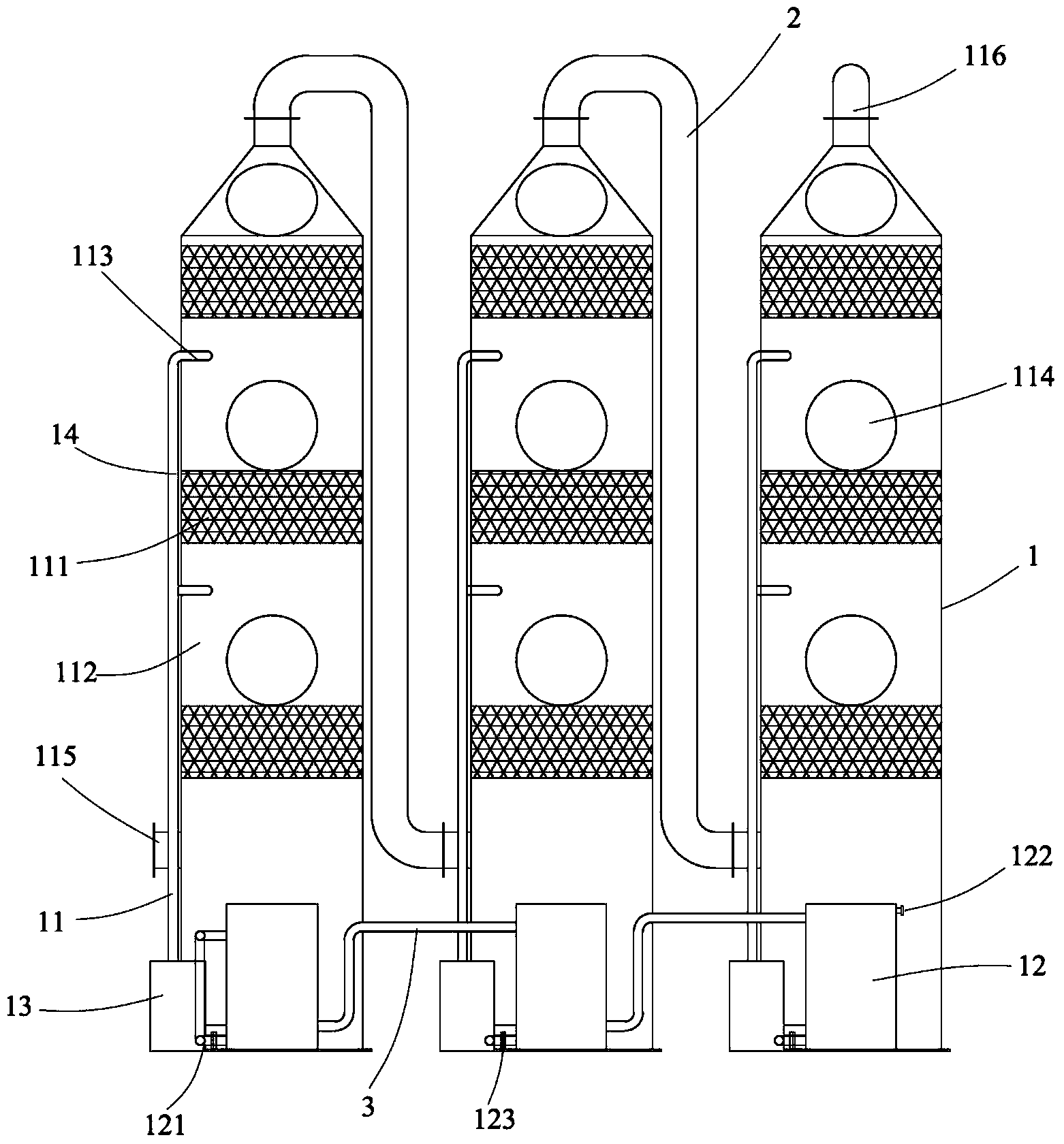 Multistage exhaust gas washing tower