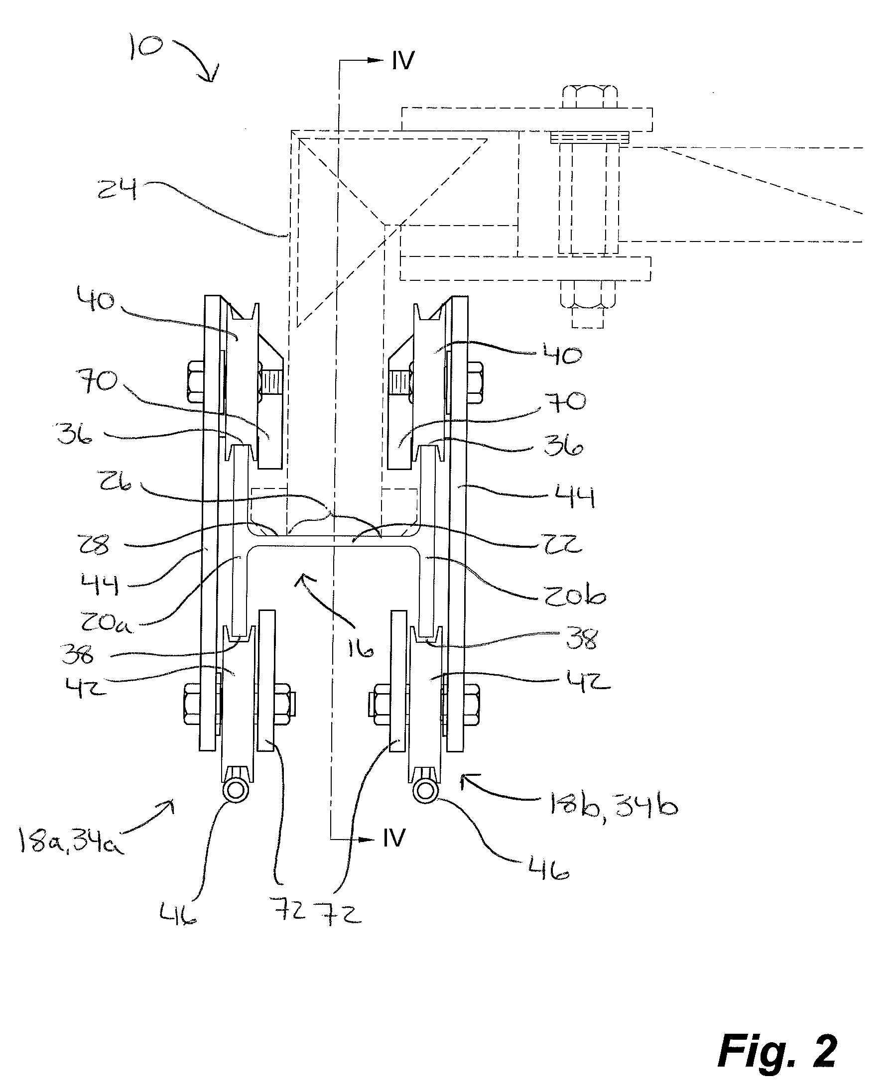 Rigid rail fall protection apparatus having bypassable moveable anchorages