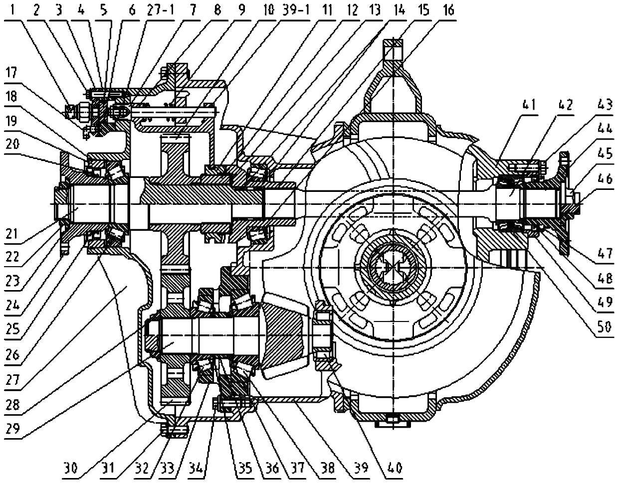 Intermediate axle main reducer assembly provided with rear bevel gear engaging and disengaging mechanism