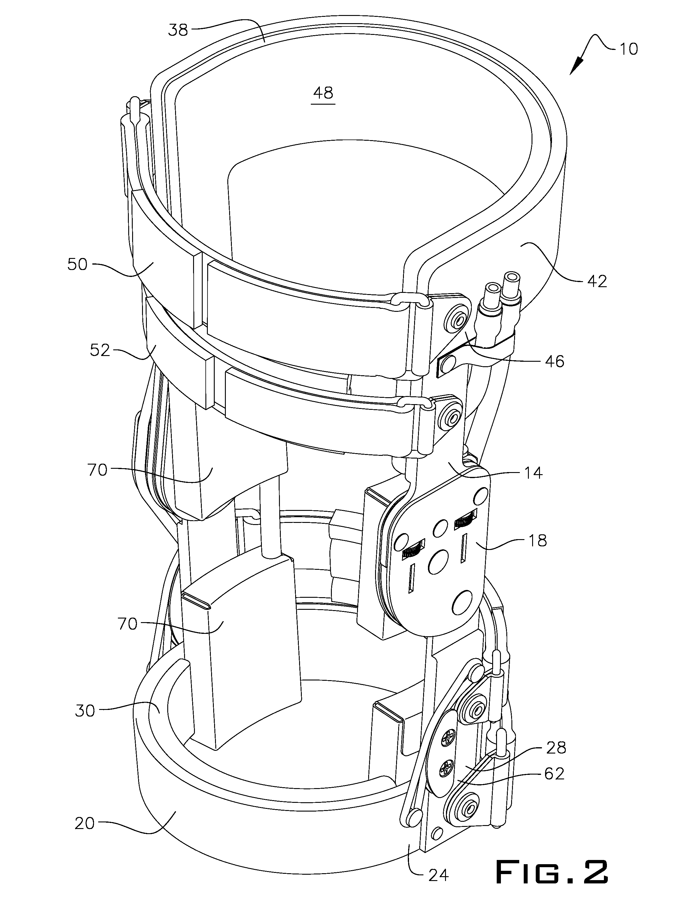 Knee orthosis with hinged shin and thigh cuff