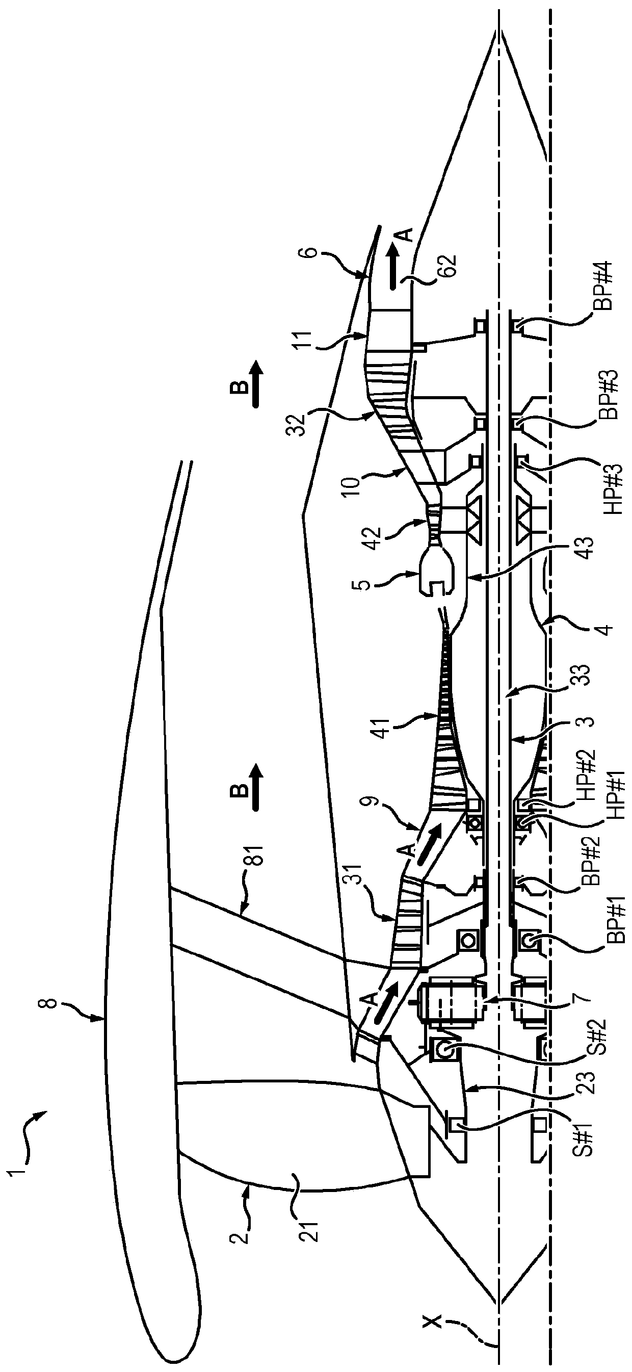 Twin-spool turbojet engine having low-pressure shaft thrust bearing positioned in exhaust casing