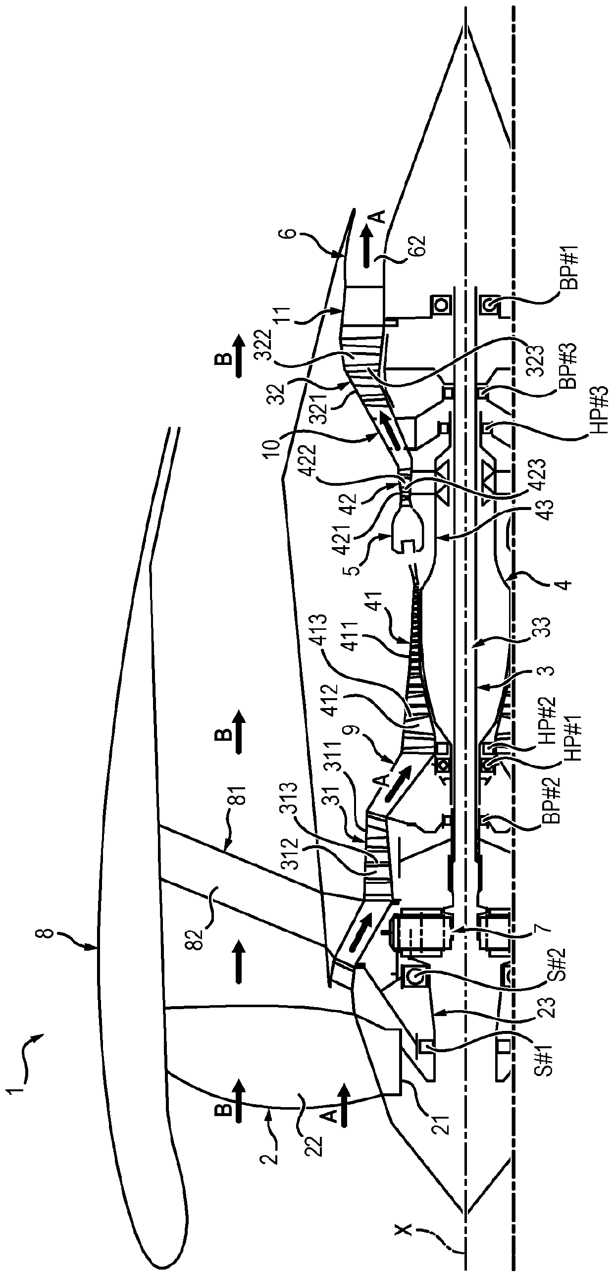 Twin-spool turbojet engine having low-pressure shaft thrust bearing positioned in exhaust casing