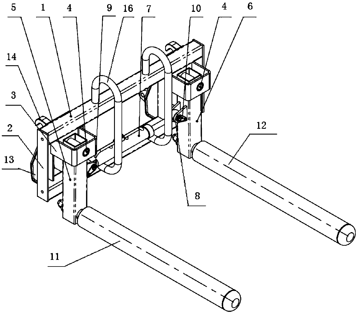 Round grass bundle supporting clamp, round grass bundle stacking device and working method