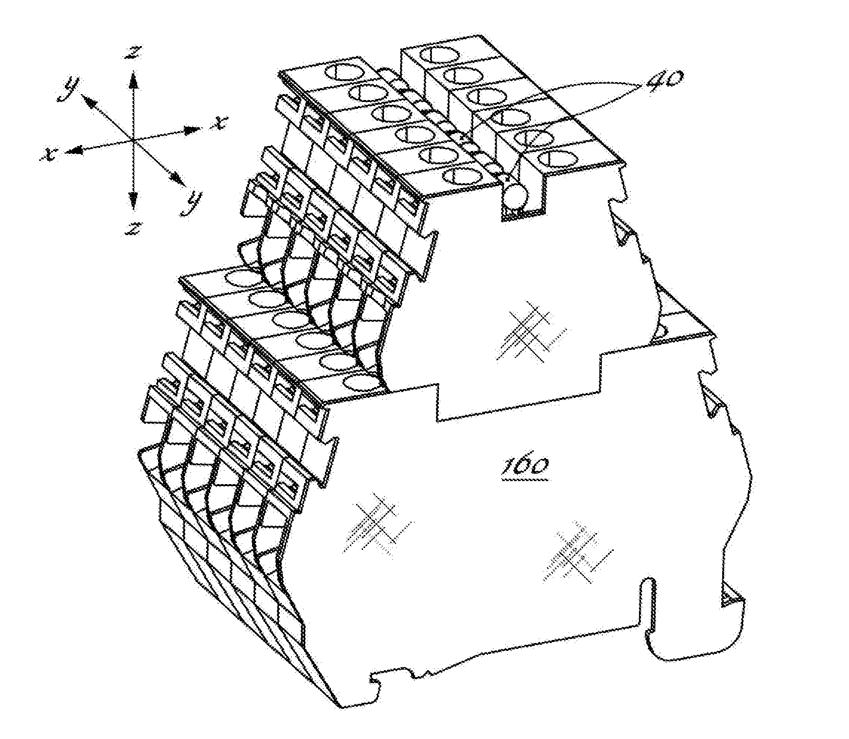 Base terminal block and auxiliary terminal block for switchboards and two-tier terminal block assembly comprising base terminal block and auxiliary terminal block