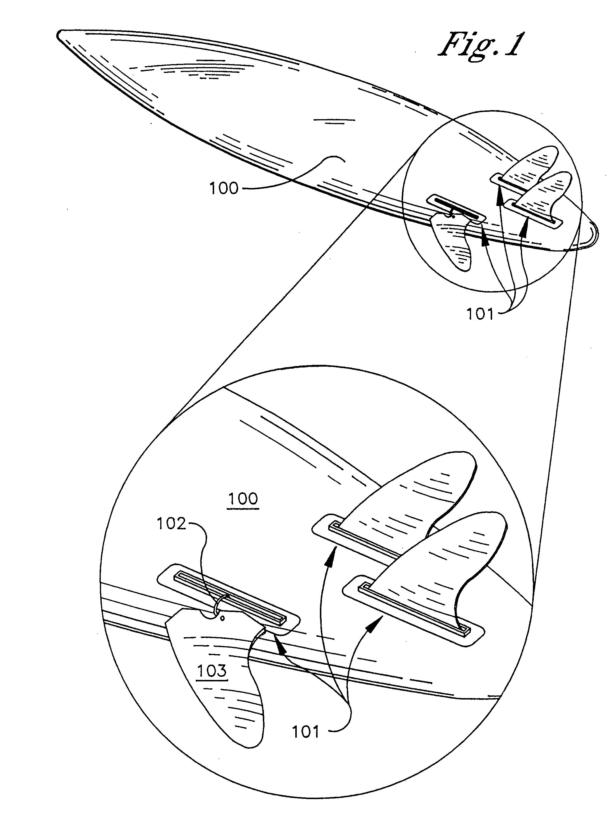 Surfboard fin box with detachable, leashed fin