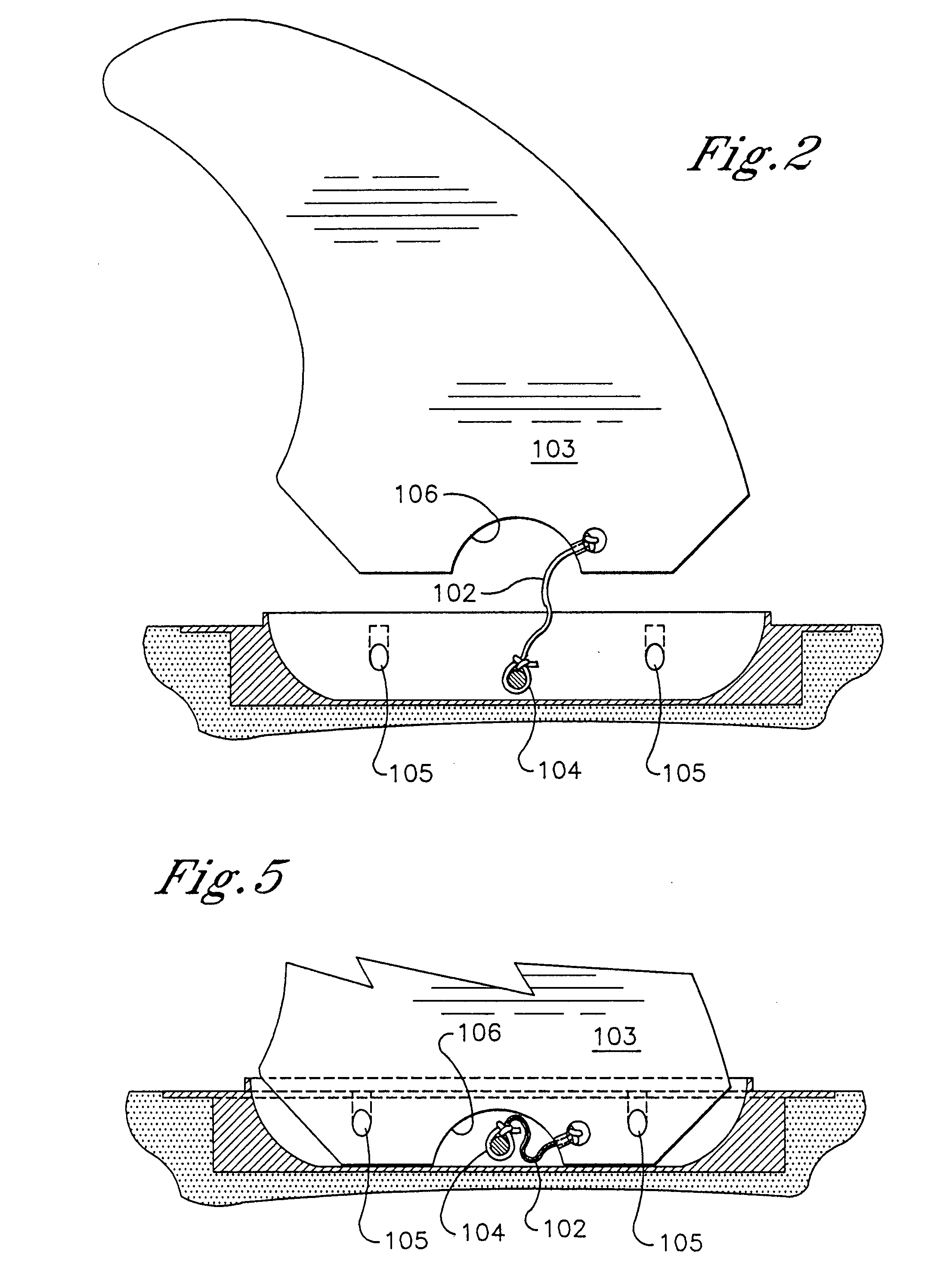 Surfboard fin box with detachable, leashed fin