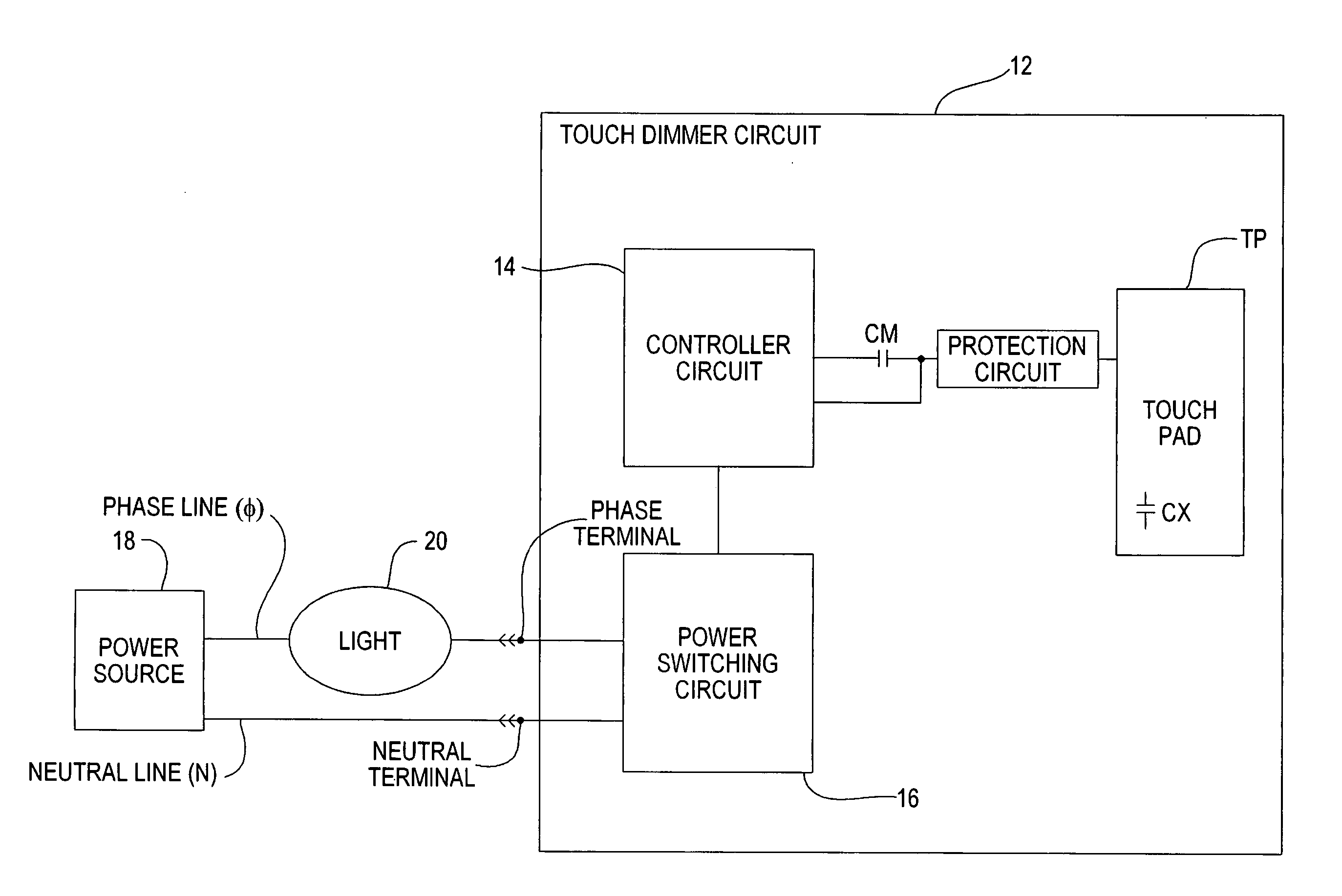 Capacitive sense toggle touch dimmer