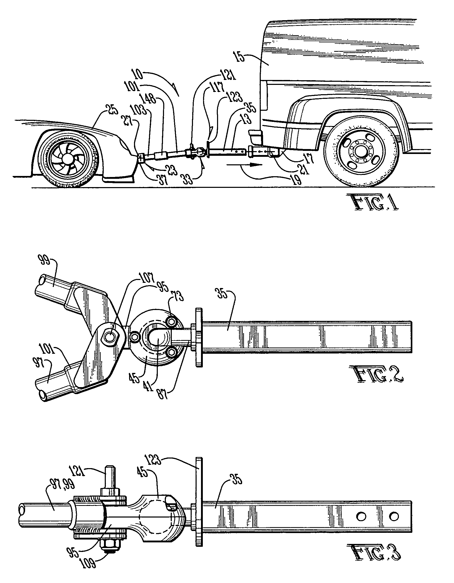 Tow bar having a single moving part for operatively accommodating pitch and roll movements between a towing vehicle and a towed vehicle