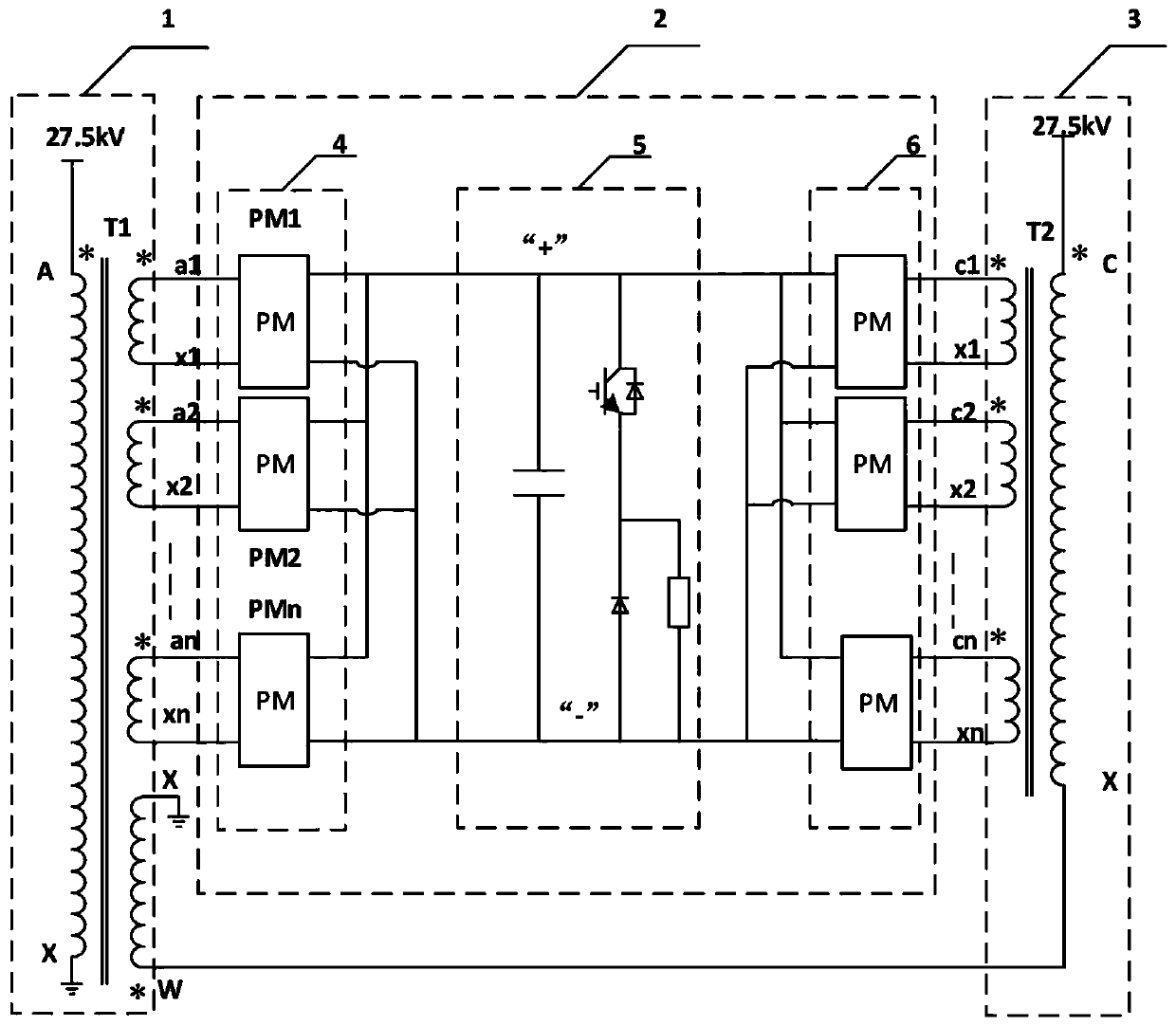 A current conversion device for an automatic phase separation system on the ground of an electrified railway