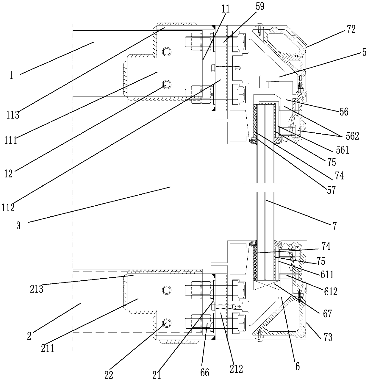 Large-span horizontal bright vertical hidden frame curtain wall system with short edge support and long edge without support and installation method thereof