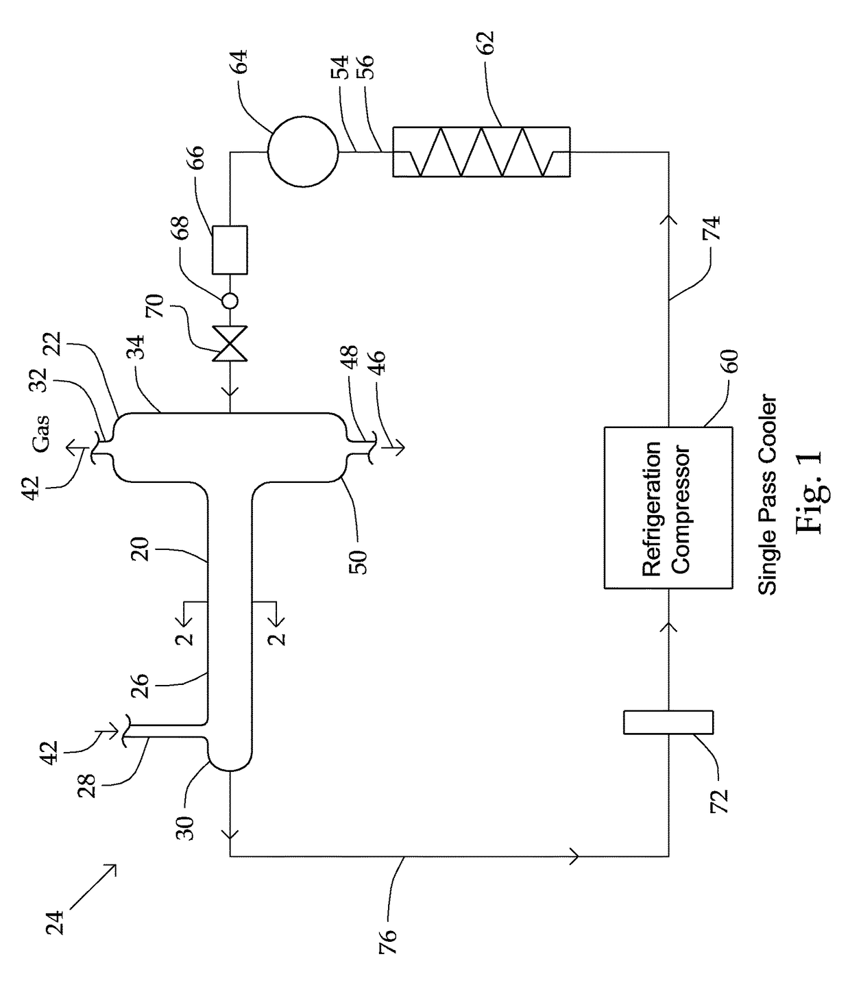 Heat exchanger with integrated liquid knockout drum for a system and method of cooling hot gas using a compressed refrigerant