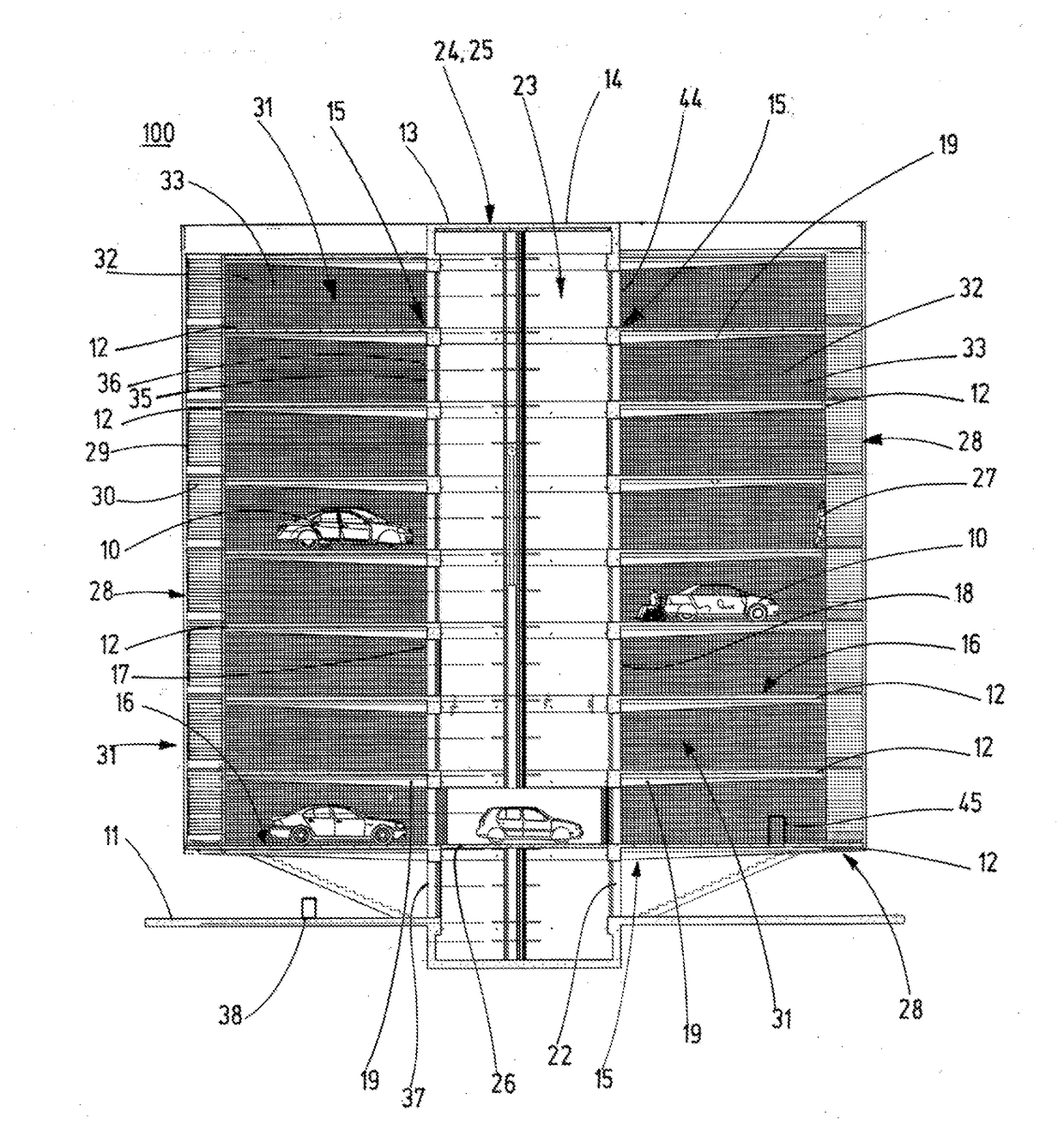 Parking garage for motor vehicles, in particular multistory parking garage, and method for manufacturing a parking garage