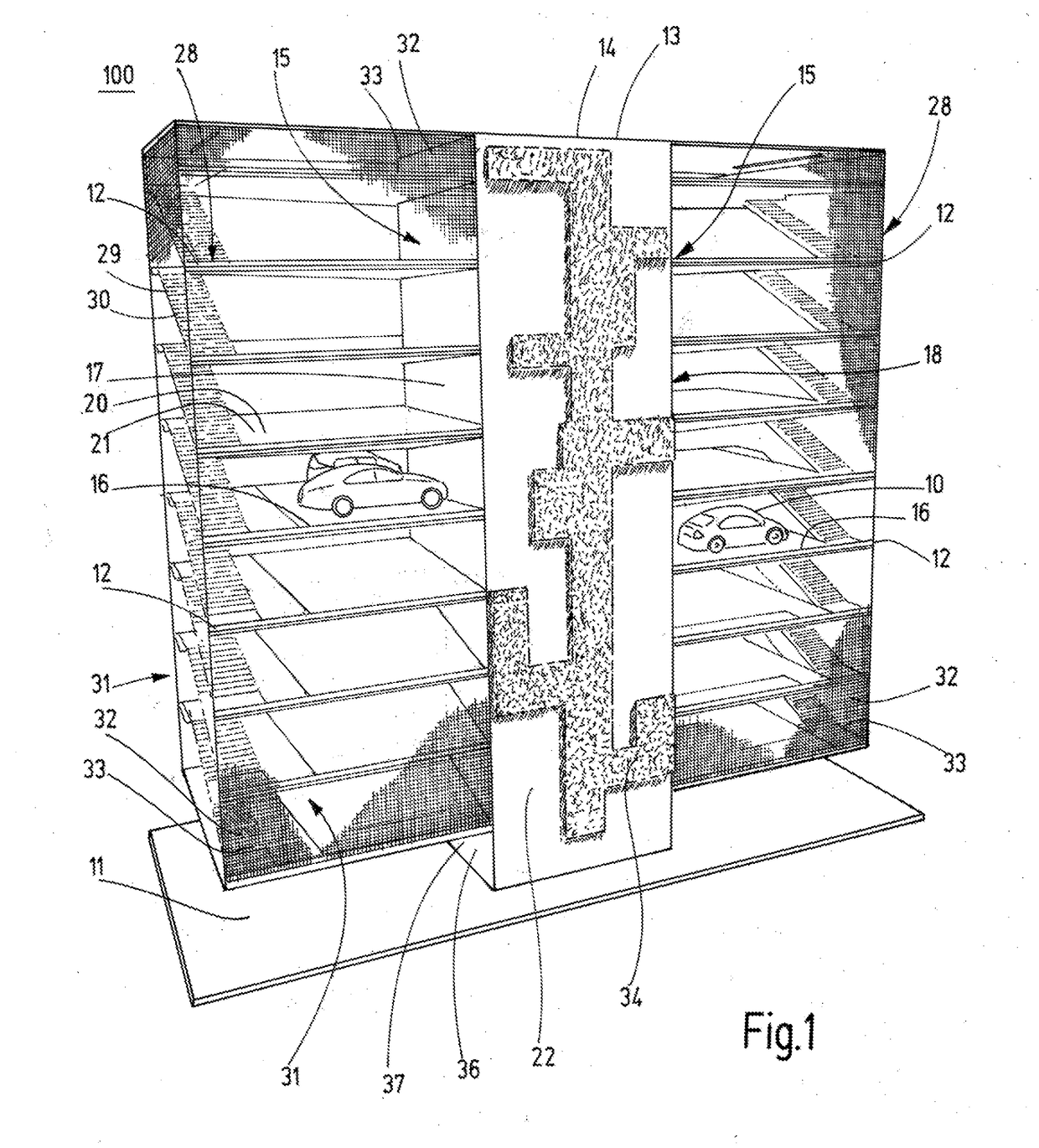 Parking garage for motor vehicles, in particular multistory parking garage, and method for manufacturing a parking garage