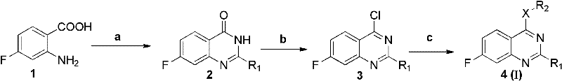 2-substituent-7-fluorine-4-aromatic mixed base quinazoline derivant and preparation method and use thereof