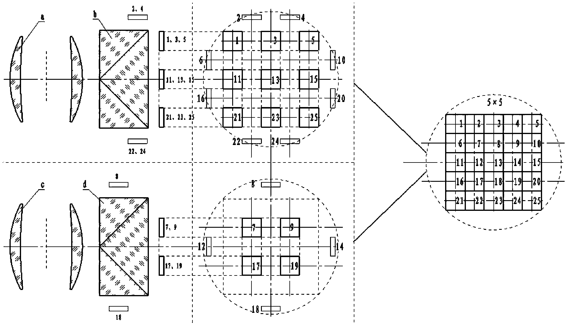 Seamlessly spliced photoelectronic imaging system with double lens using 25 area-array detectors