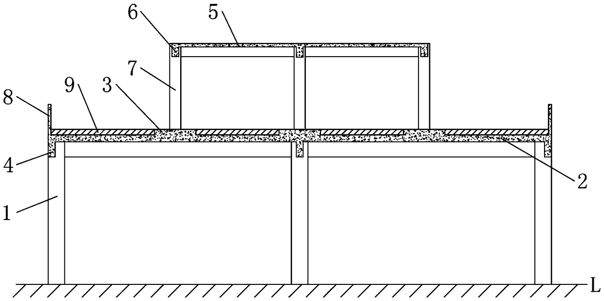 Thick plate transfer structure for composite building with model house on roof.