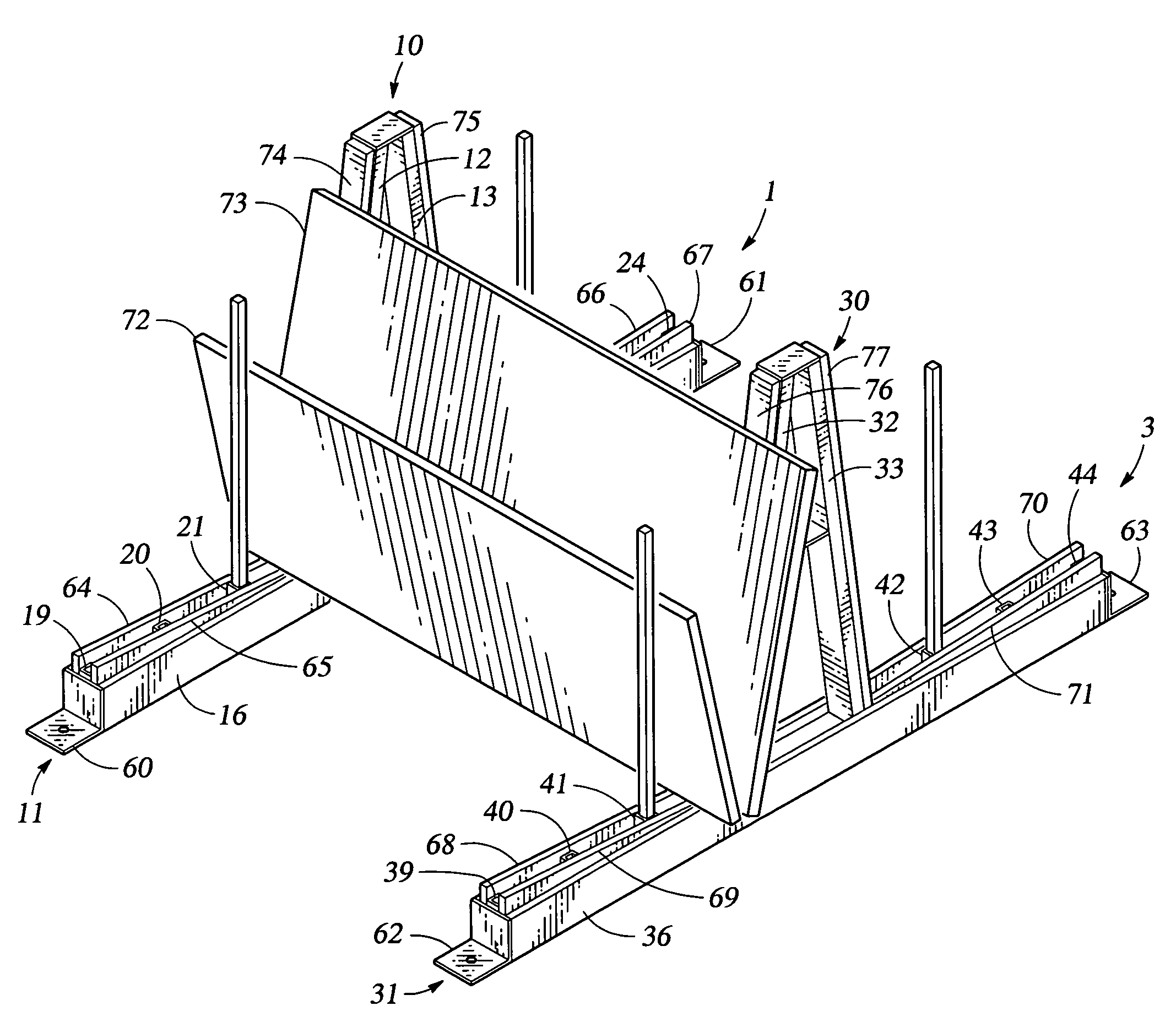 Supports for storing sheets of granite, stone, glass, and other materials