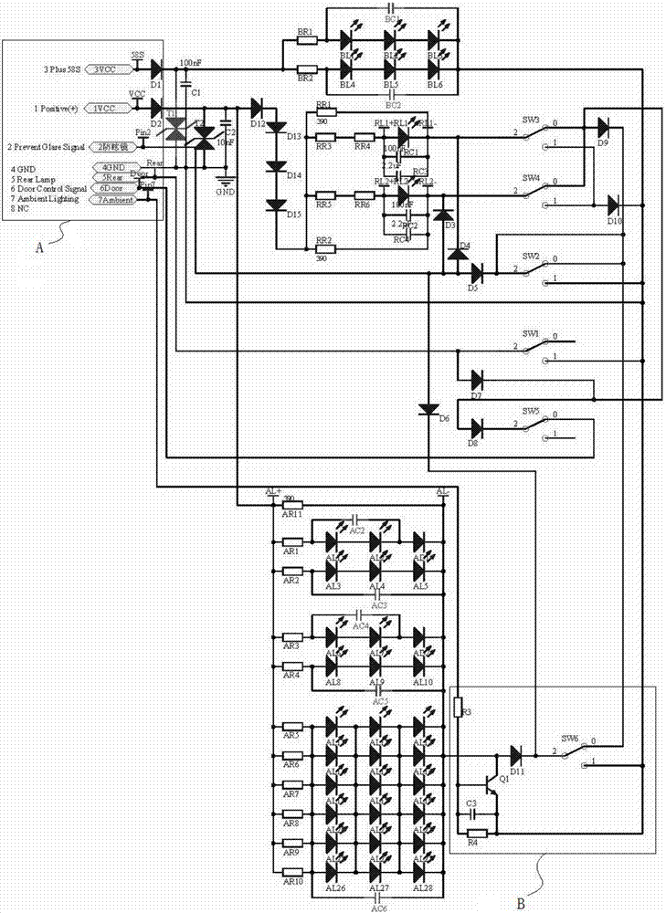 Dimming circuit for automotive interior ambient light