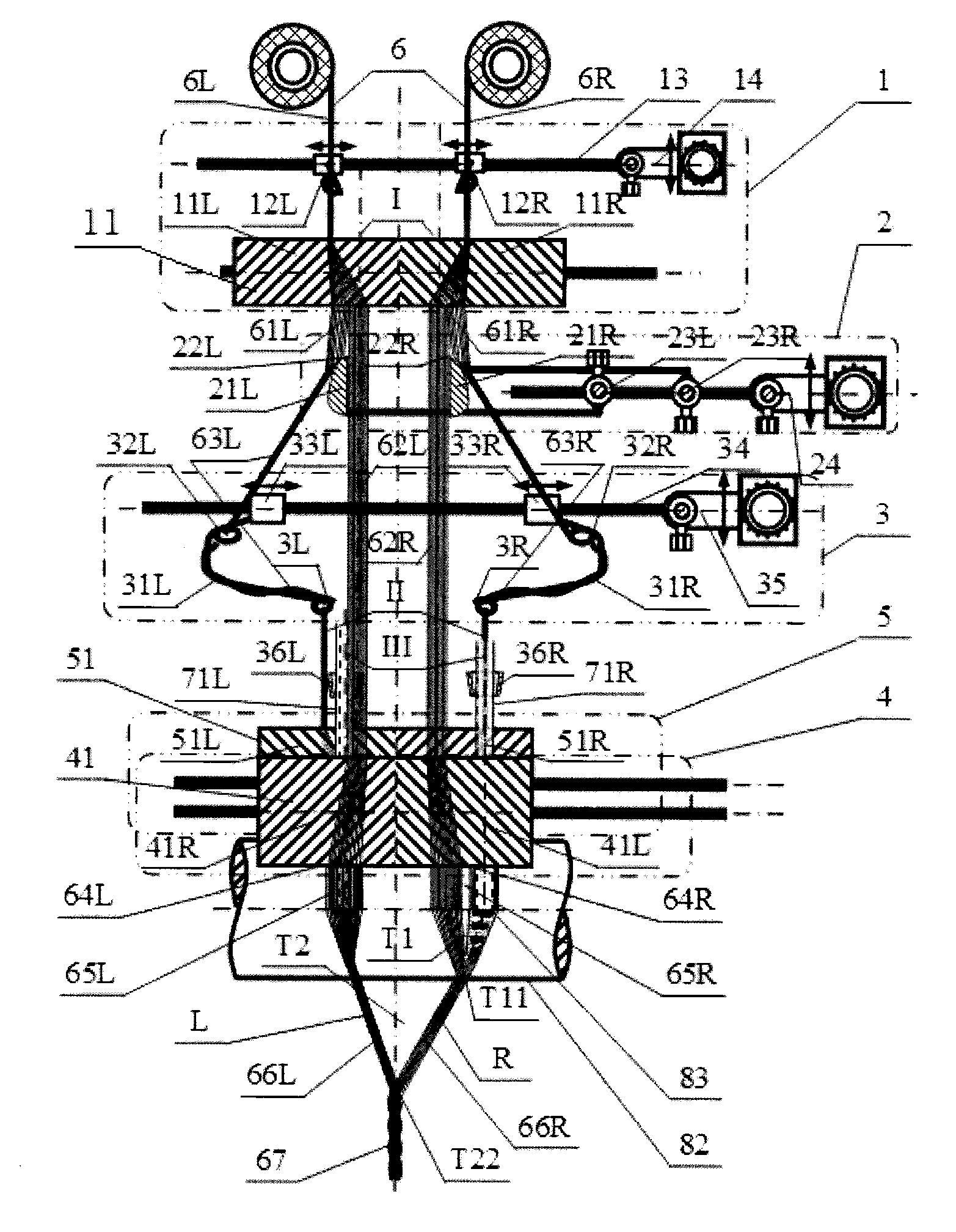 Unequal rendezvous point spinning method of asymmetrical beam splitting spread filament, composite yarn and application