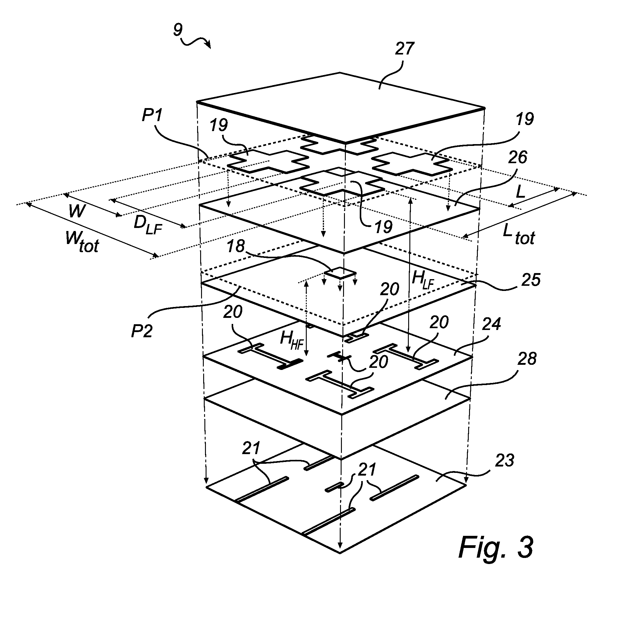 Radar level gauge system with multi band patch antenna array arrangement