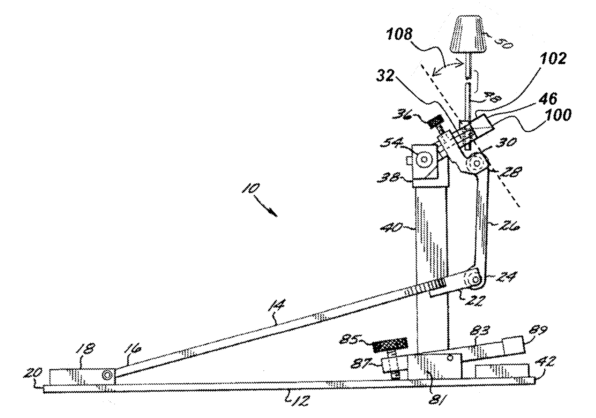 Beater bracket and variable drive lever system with variable pivot point spring rotor for bass drum foot pedals