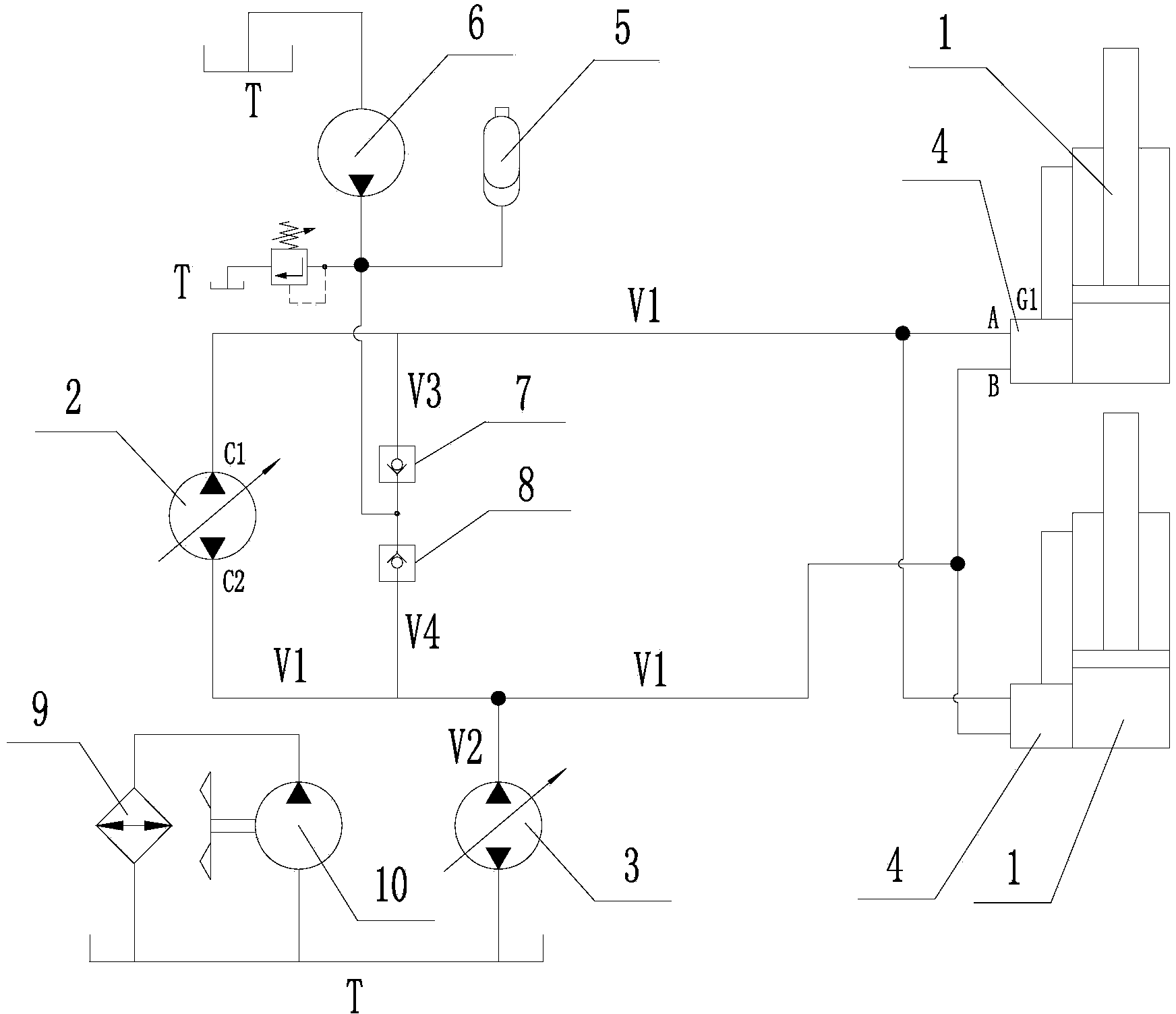 Hydraulic boom control system and harbor handling machine