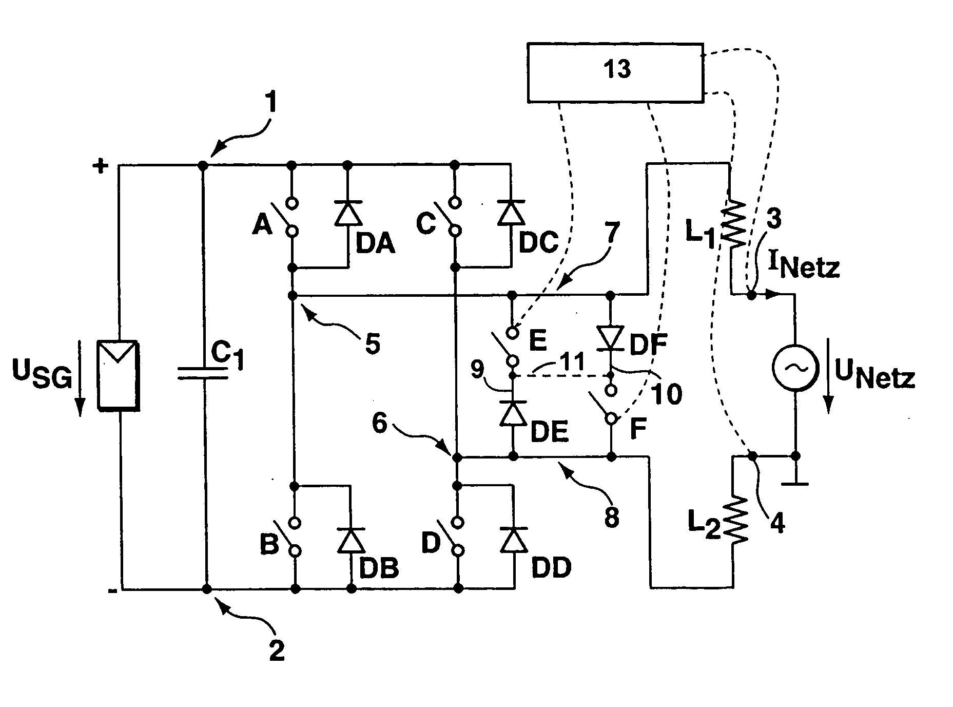 DC/AC converter to convert direct electric voltage into alternating voltage or into alternating current