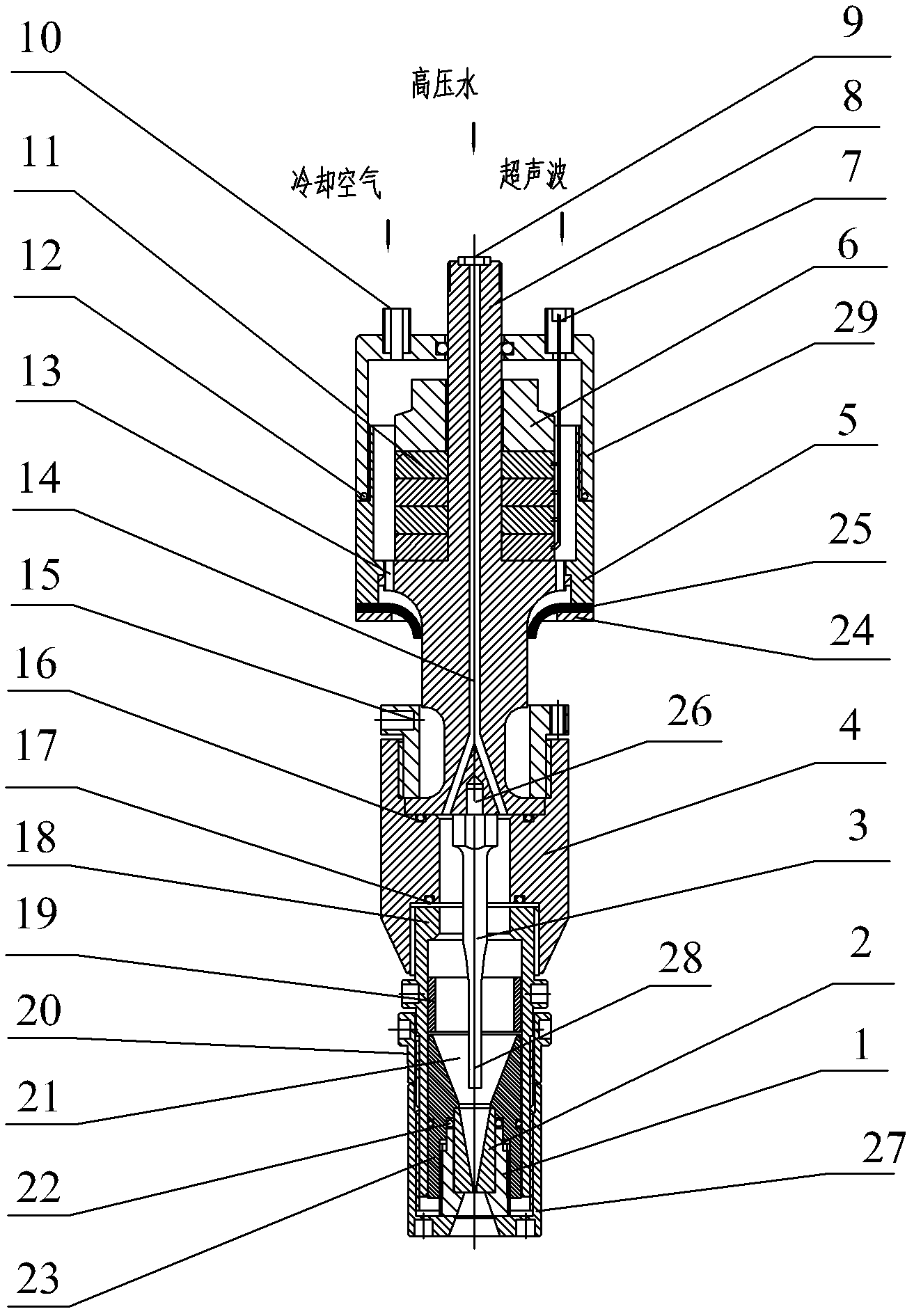 Middle-feeding ultrasonic powerful resonance pulsed jet spray head device