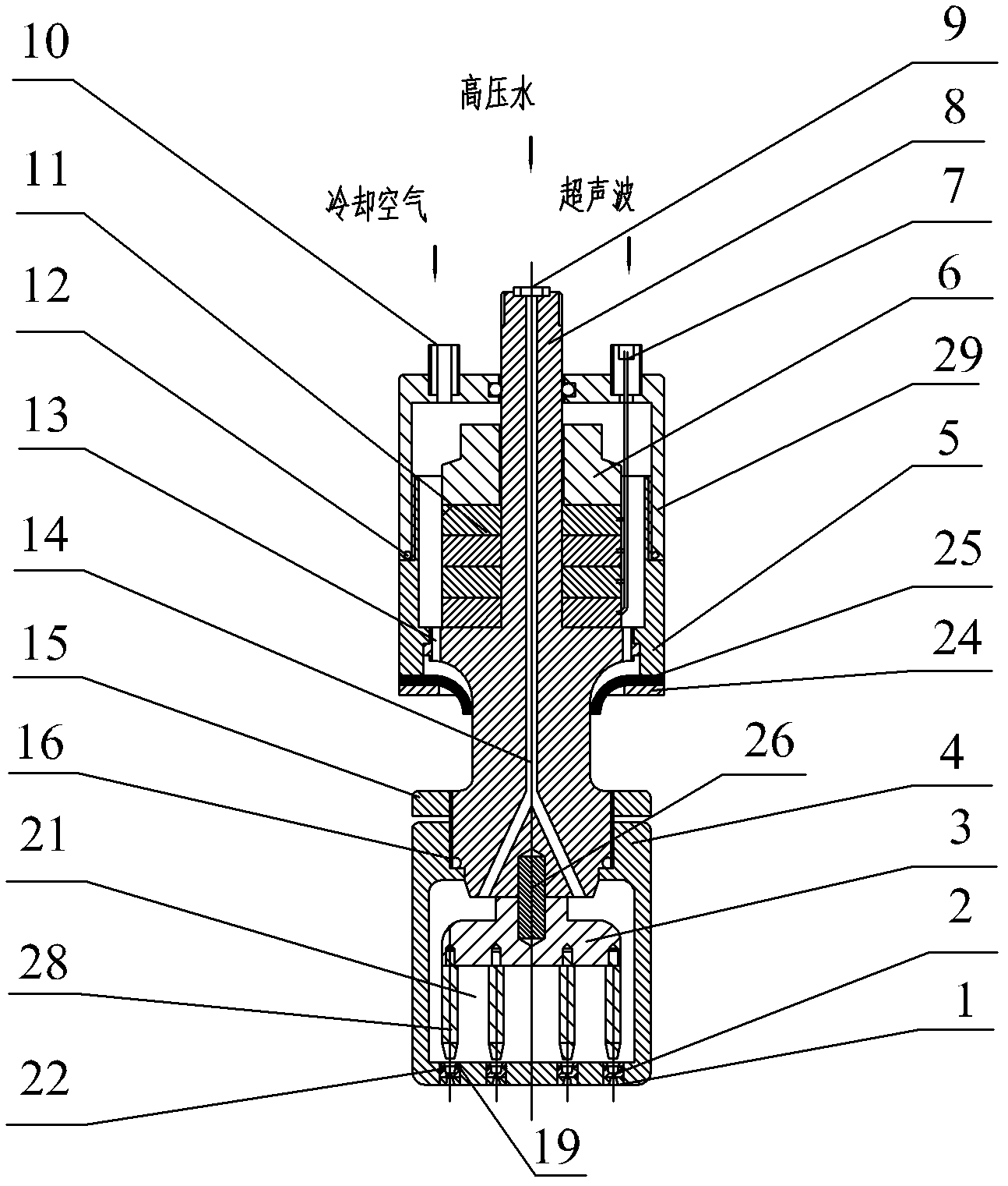 Middle-feeding ultrasonic powerful resonance pulsed jet spray head device