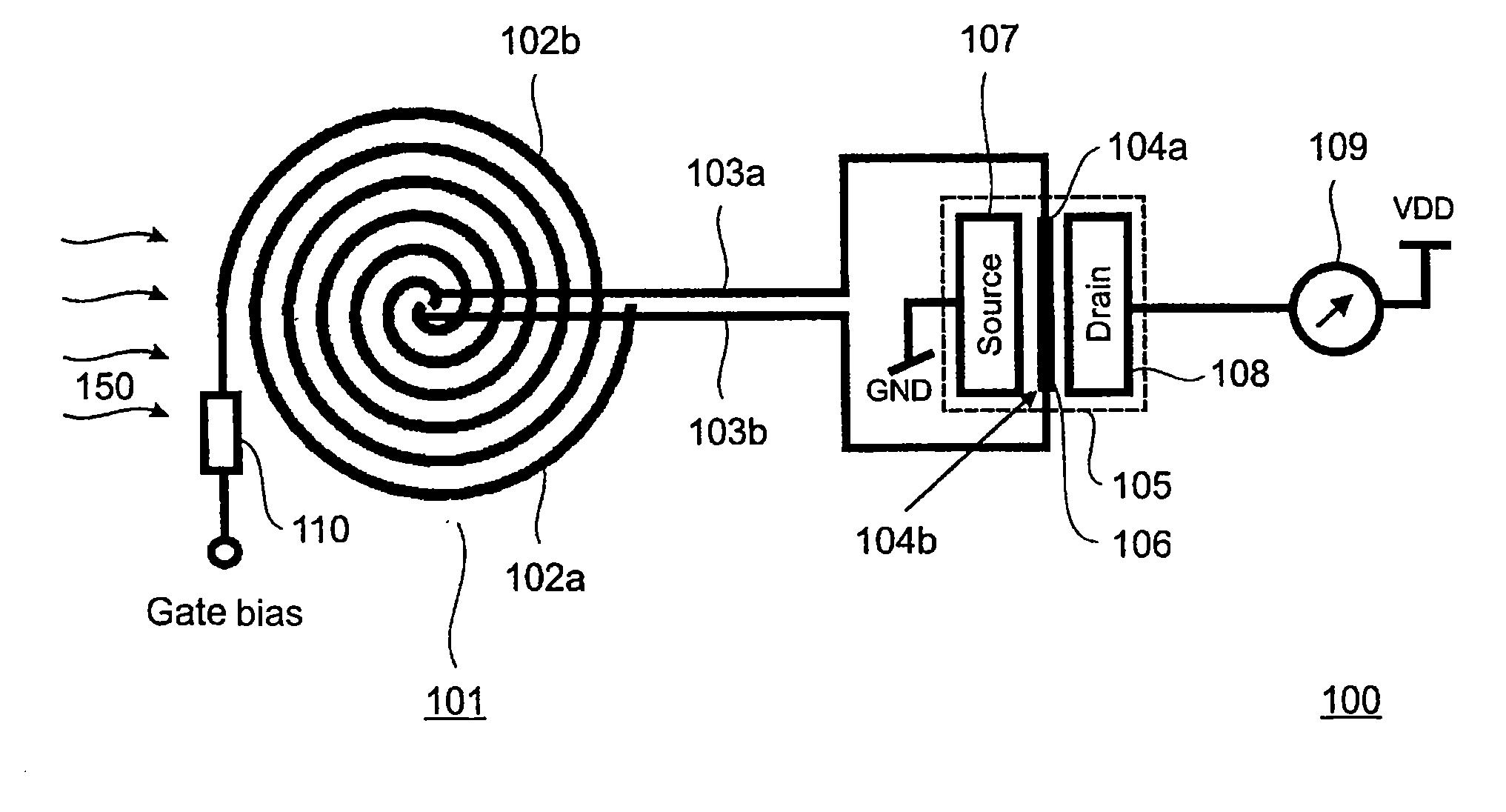 Wide-band antenna coupled spectrometer using CMOS transistor